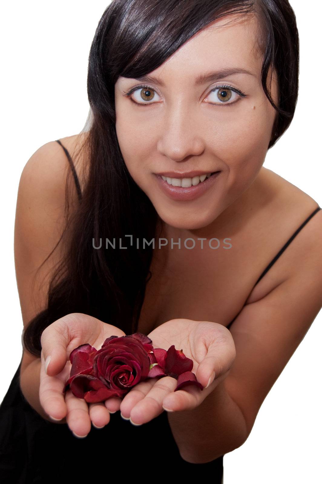 Beautiful brunette woman holding red rose pver white
