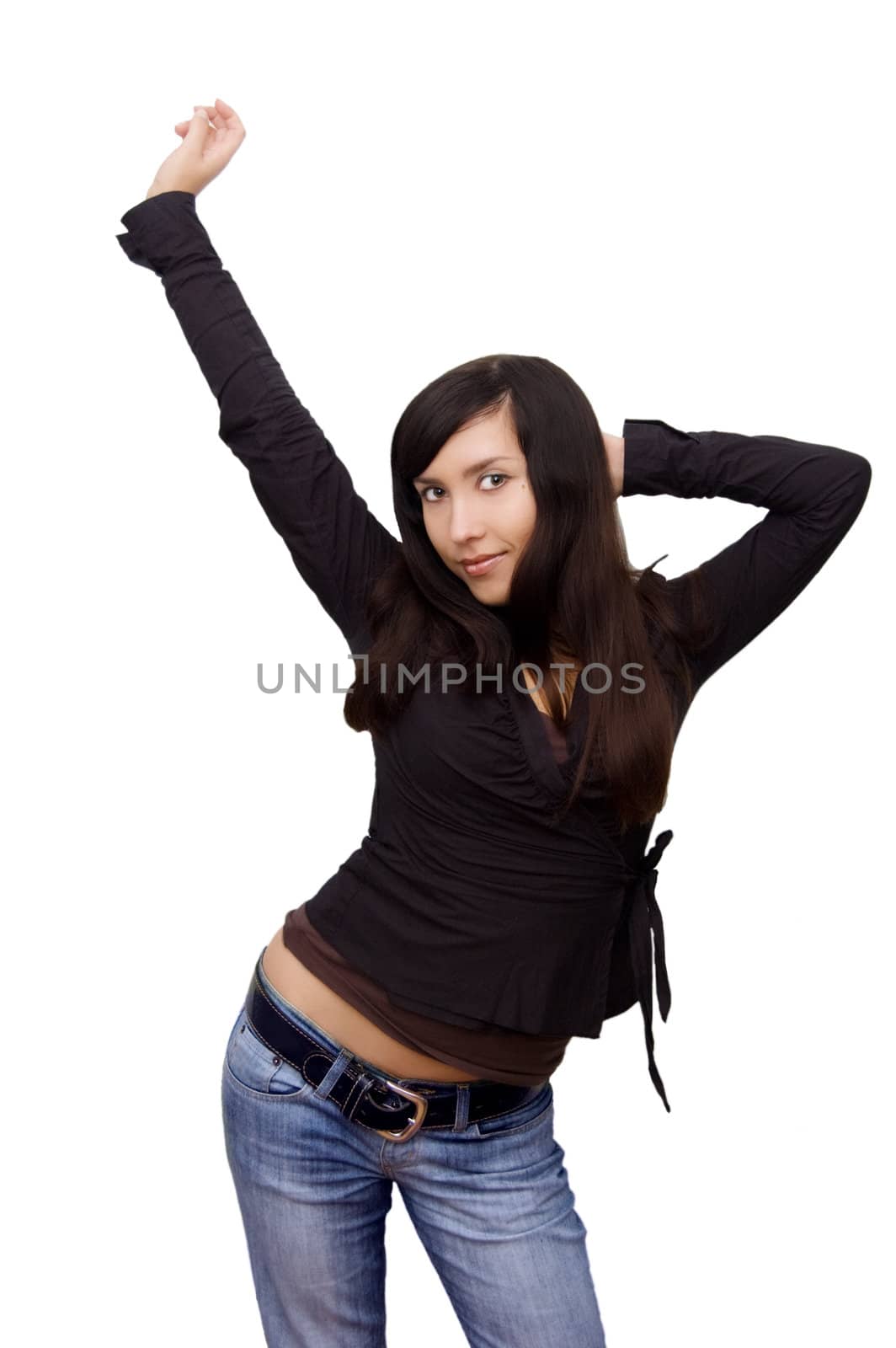 Pretty brown-hair girl having fun isolated over white