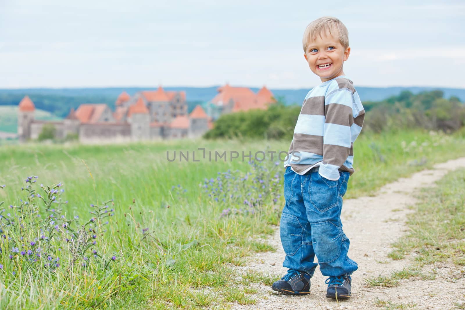 Young travelers. Cute little boy on a tour of European medieval castles. Vertical view
