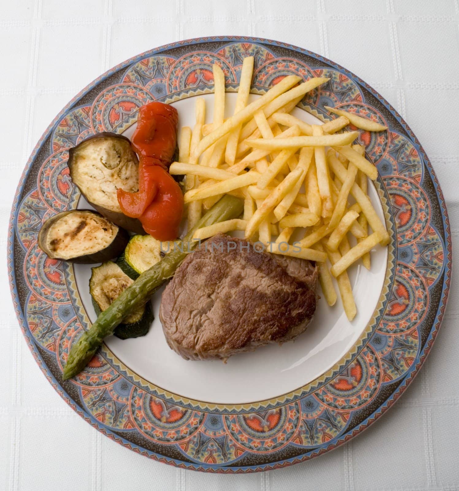 plate of steak with chips and vegetables