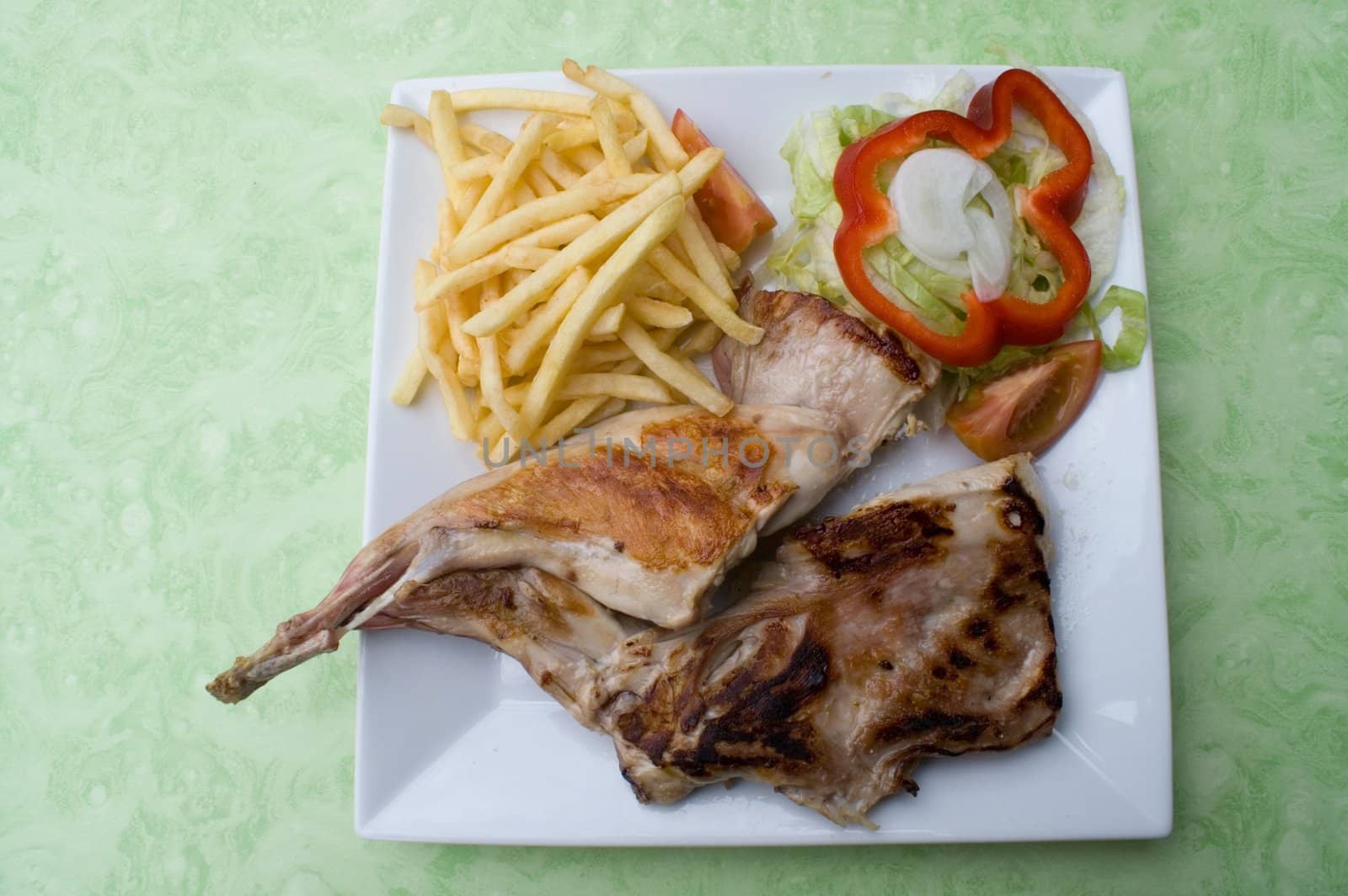 plate of steak with chips and vegetables