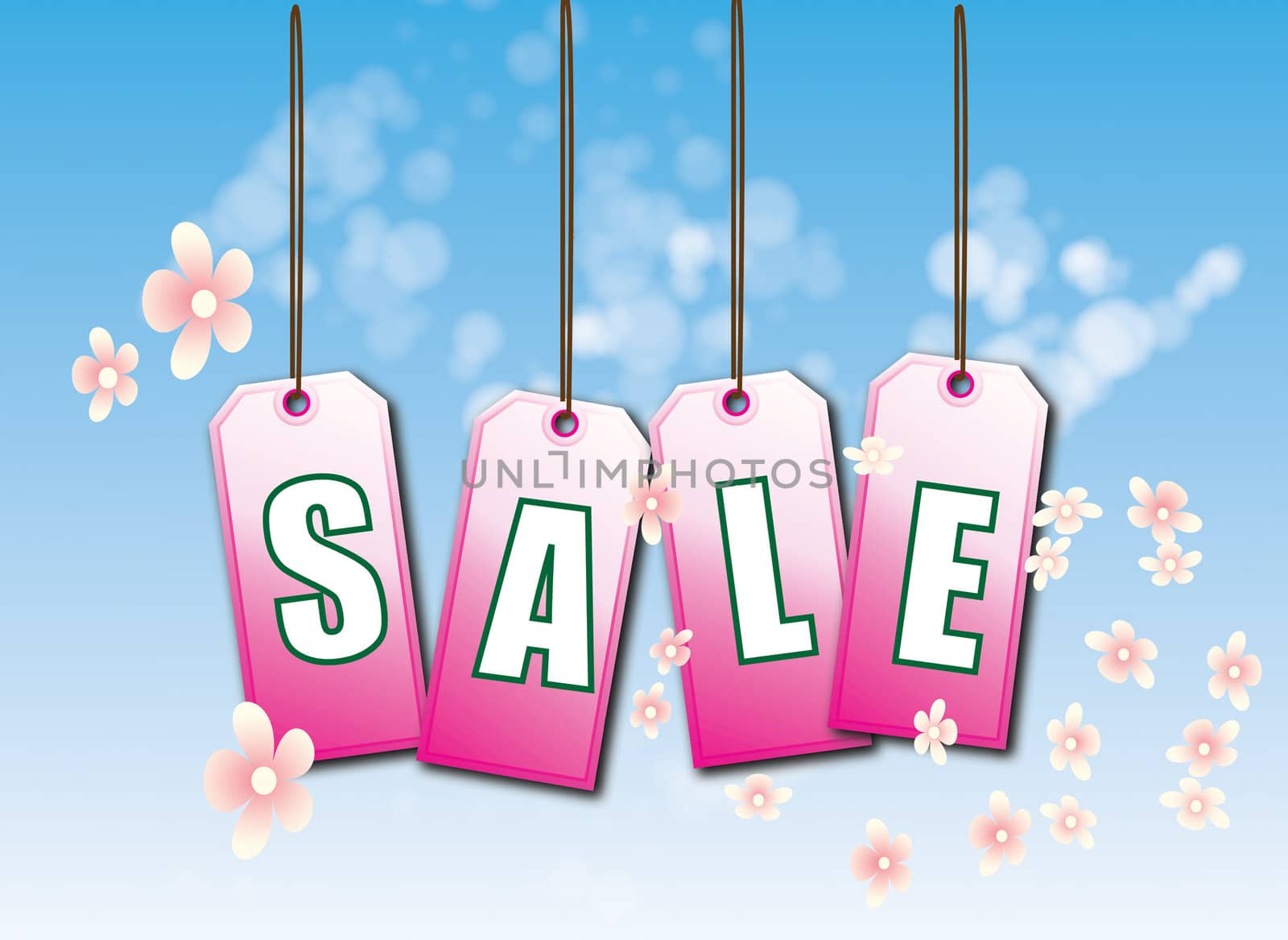 A set of swing tags spelling out the words SALE on an spring theme.