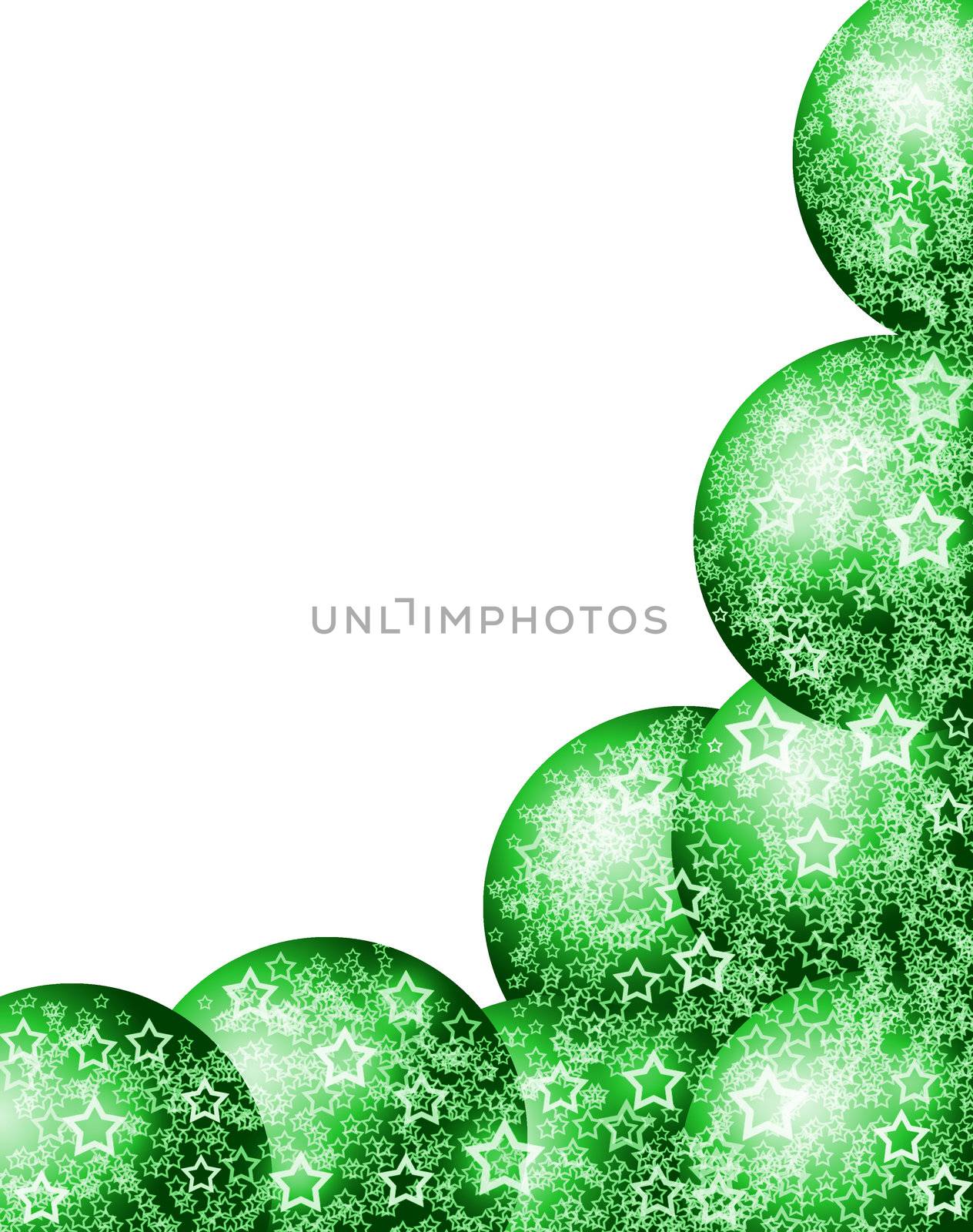 Elegant Beautiful Christmas Bright Corner Frame with Festive Green Bauble Balls and Lacy White Stars over Blank White Background