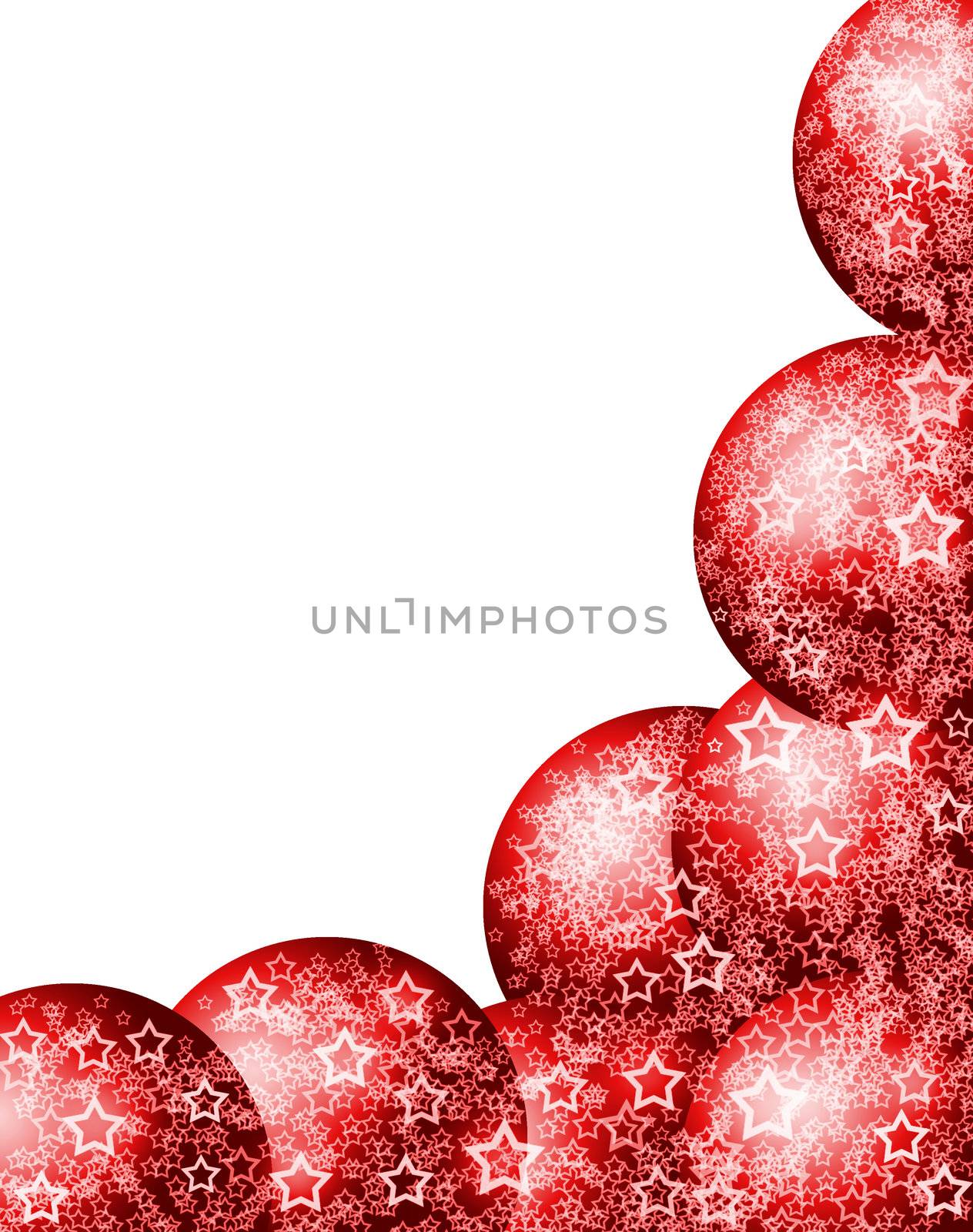 Elegant Beautiful Christmas Bright Corner Frame with Festive Red Bauble Balls and Lacy White Stars over Blank White Background