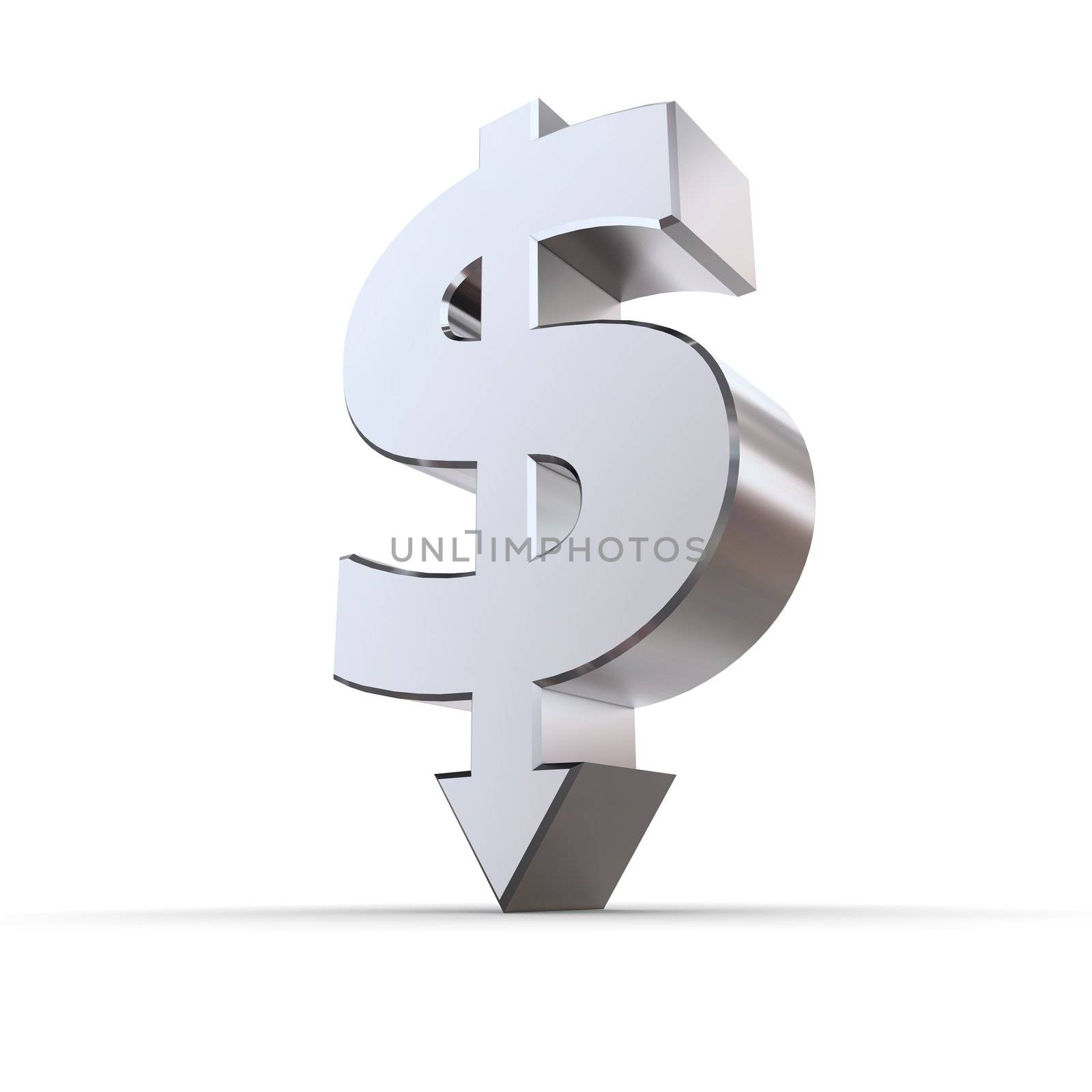 dollar sign made of solid metal with arrow down stands on white ground