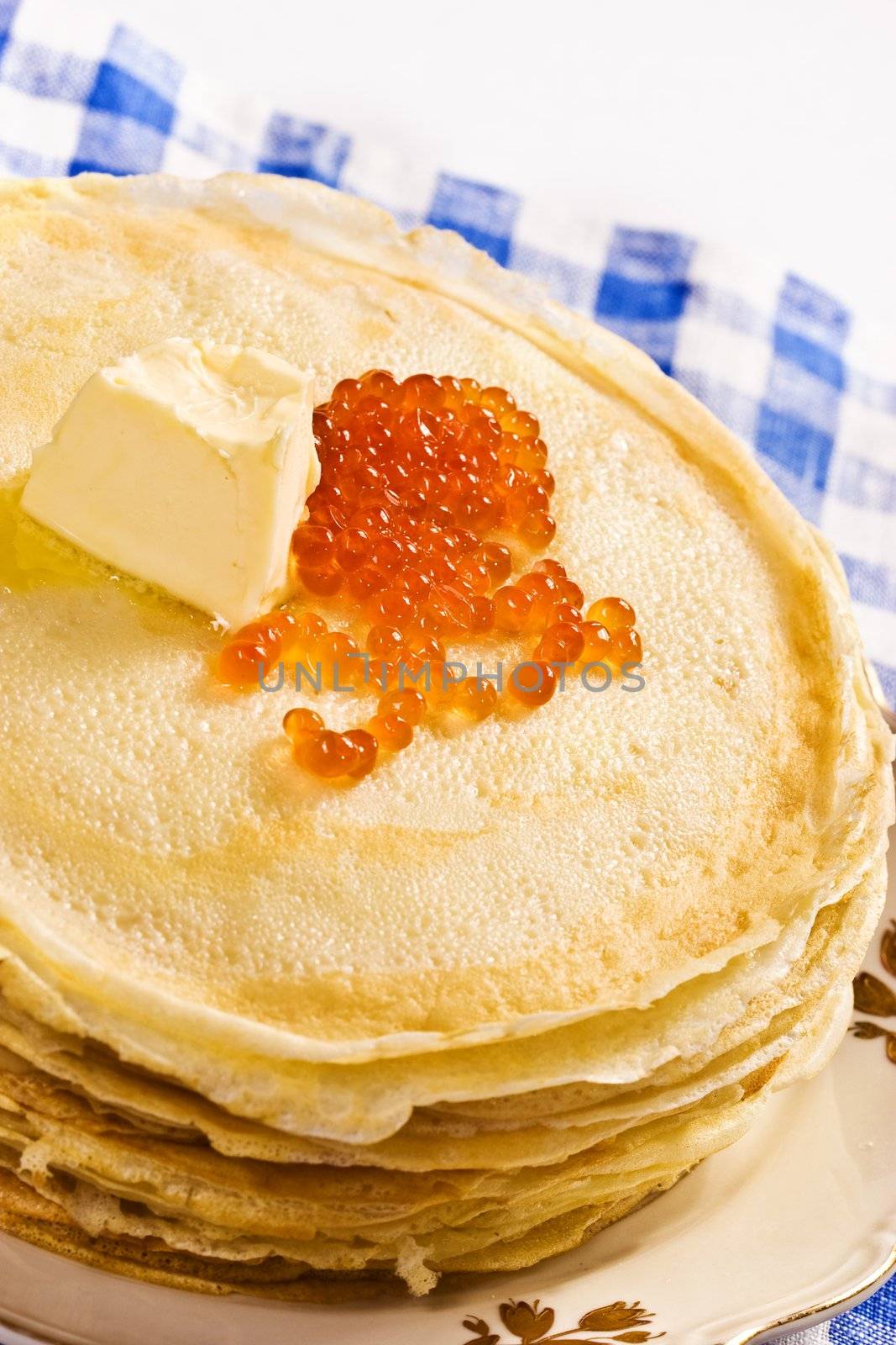 food series: red caviar with butter and pancake