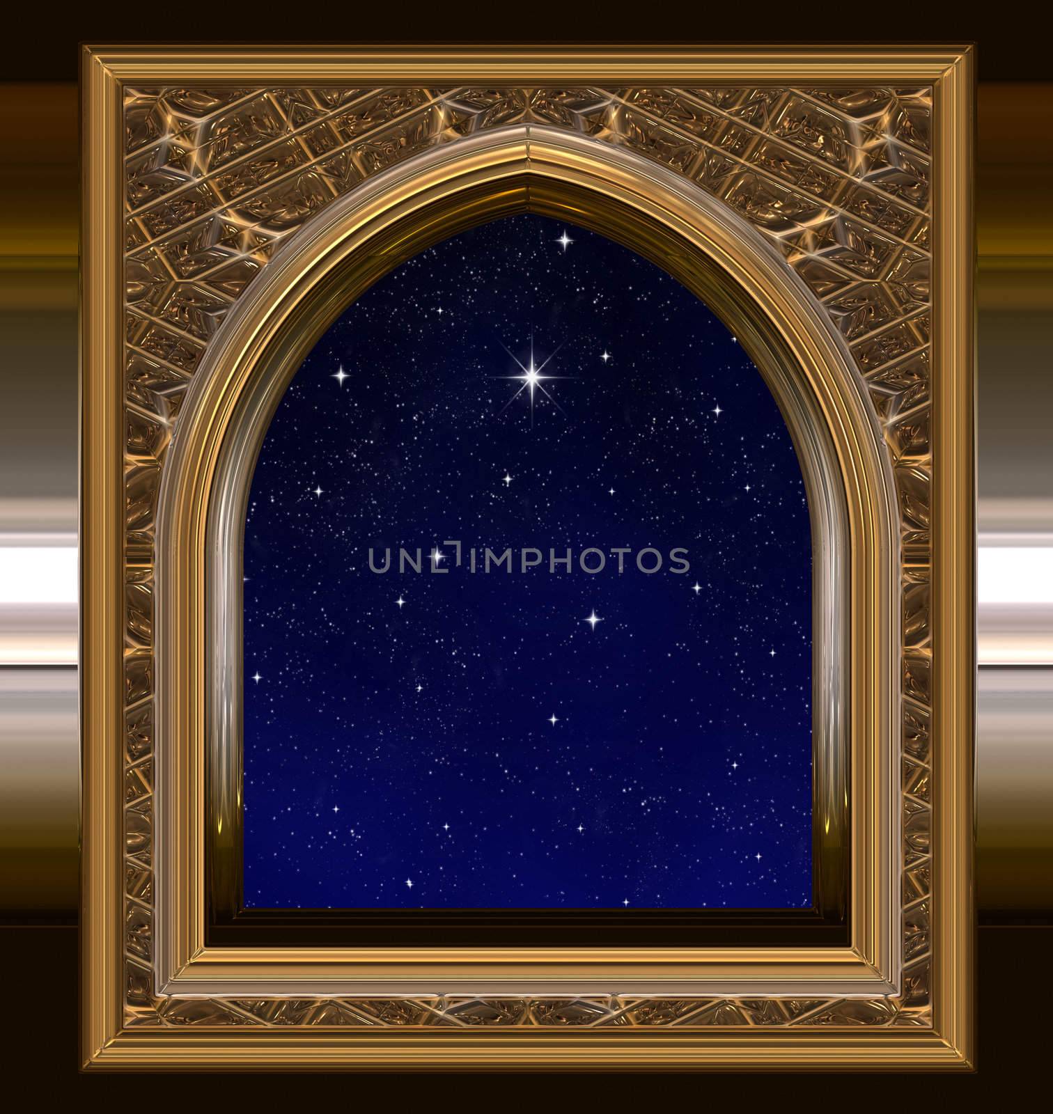 gothic or science fiction window looking into starry night sky with wishing star