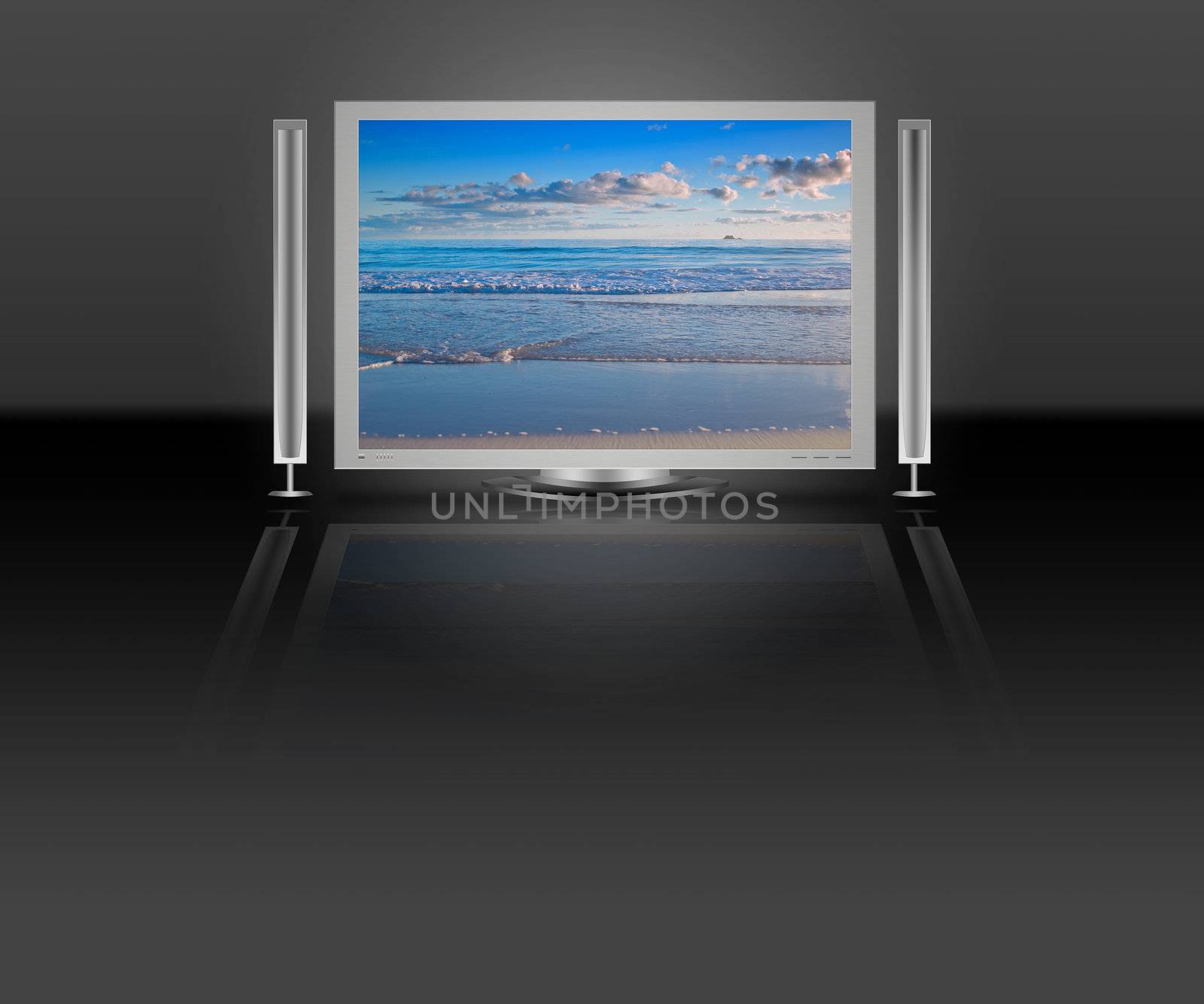 great illustration of a lcd or plasma tv showing a nature beach scene