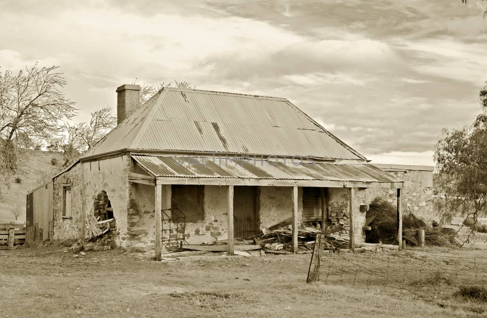 great image of old farmhouse ruins in sepia 