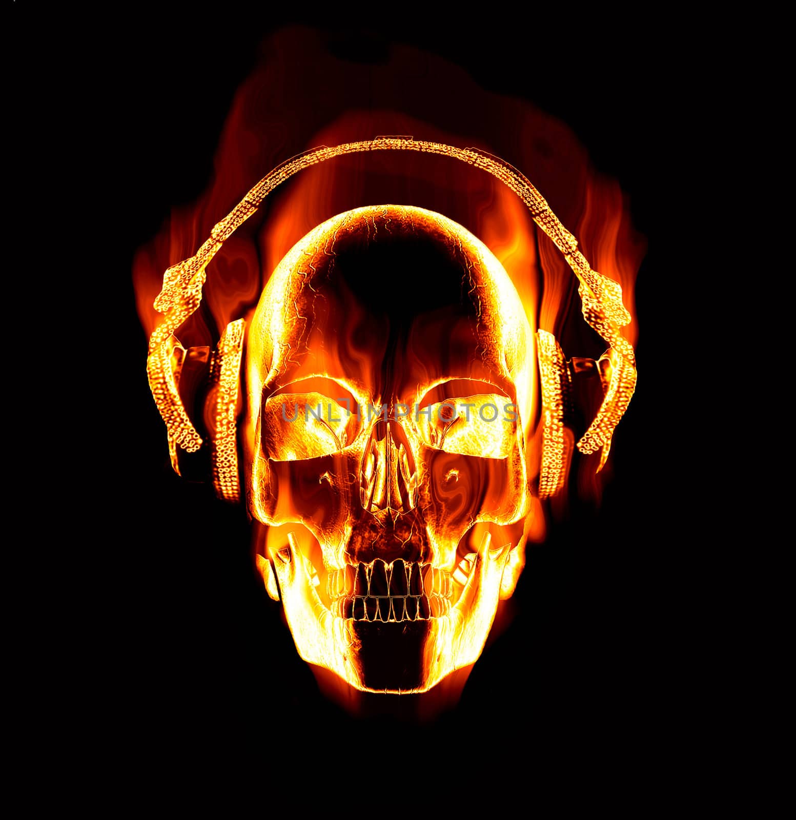 flaming skull with headphones by clearviewstock