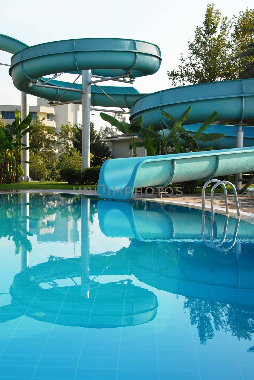 toboggan in aqua park at swimming pool in summer resort in Turkey