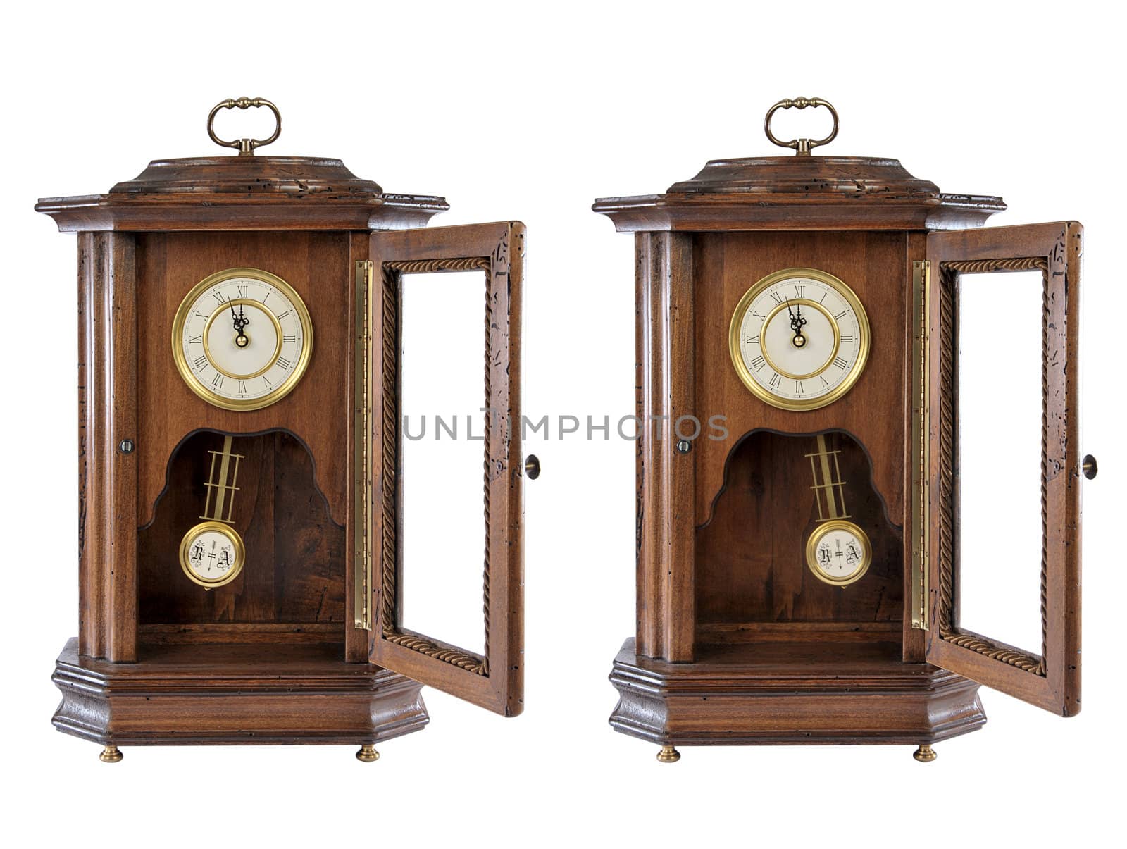 isolated old-fashion wooden clock with pendulum on white 