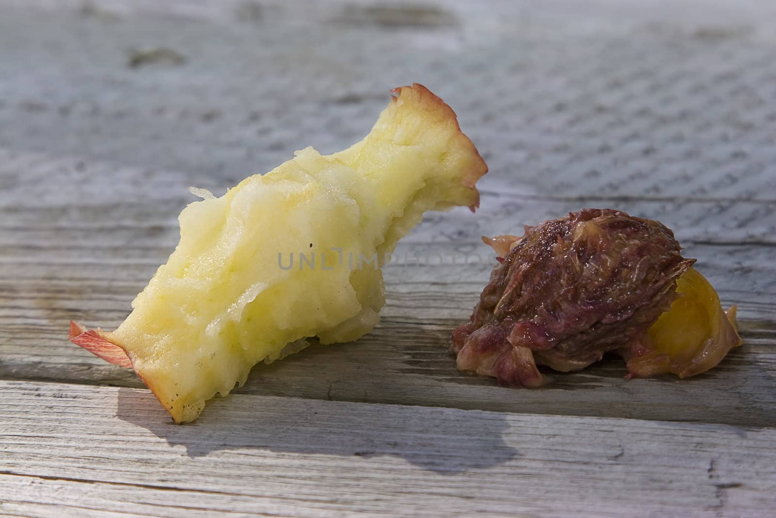 an apple core, peach pit and a abricot pit on a wooden picnic table