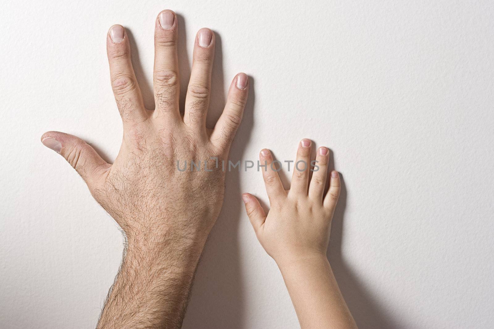 left hand of father and son on a white wall