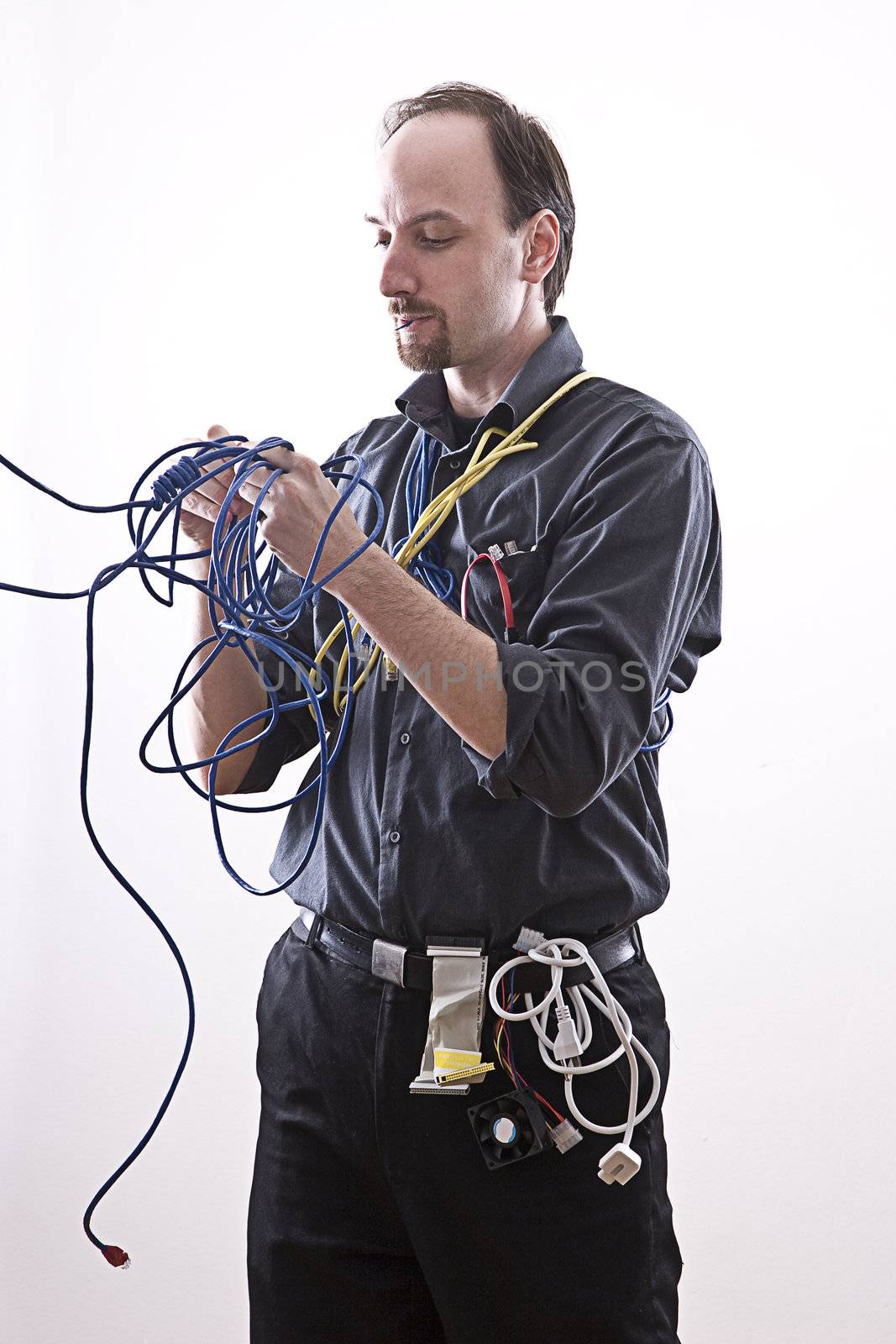 technician taking a bite out of some blue network cable