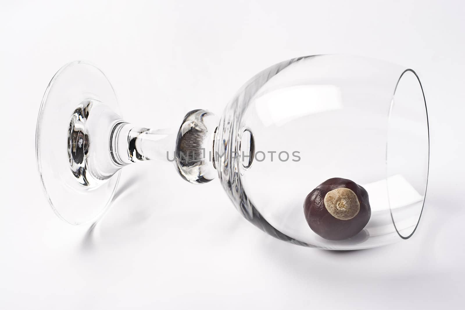 Glass of wine tipped over containing one chestnut