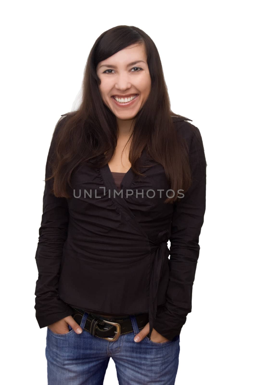 Laughing pretty brunette isolated over white