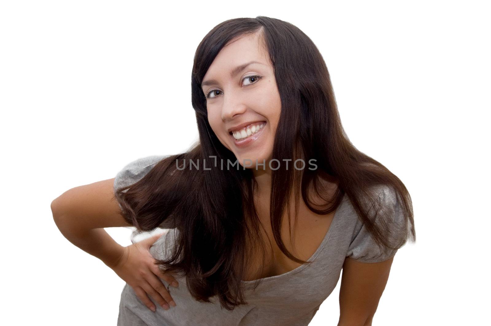 Wide smiling happy brunette over white