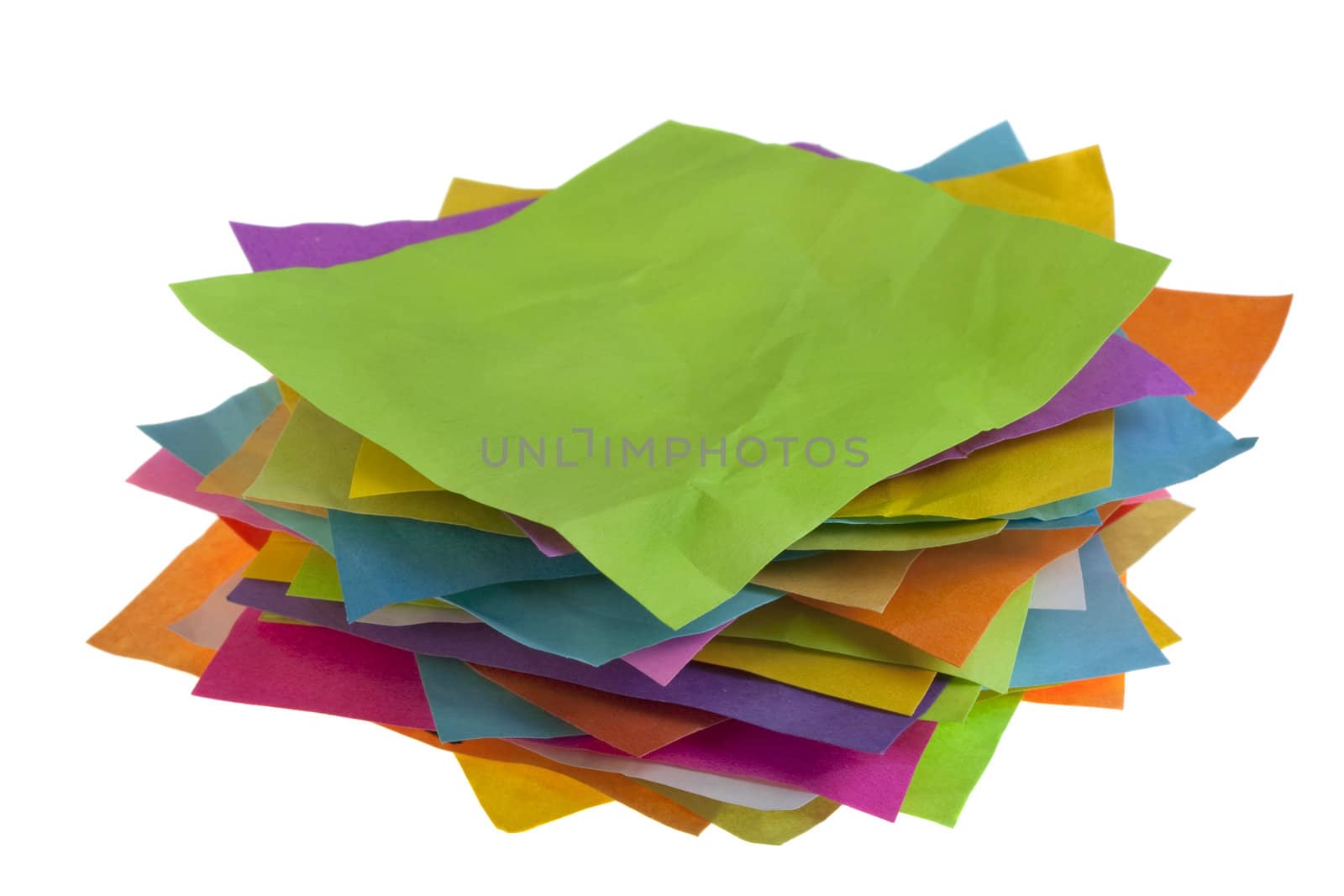 stack of colorful blank crumpled sticky notes isolated on white