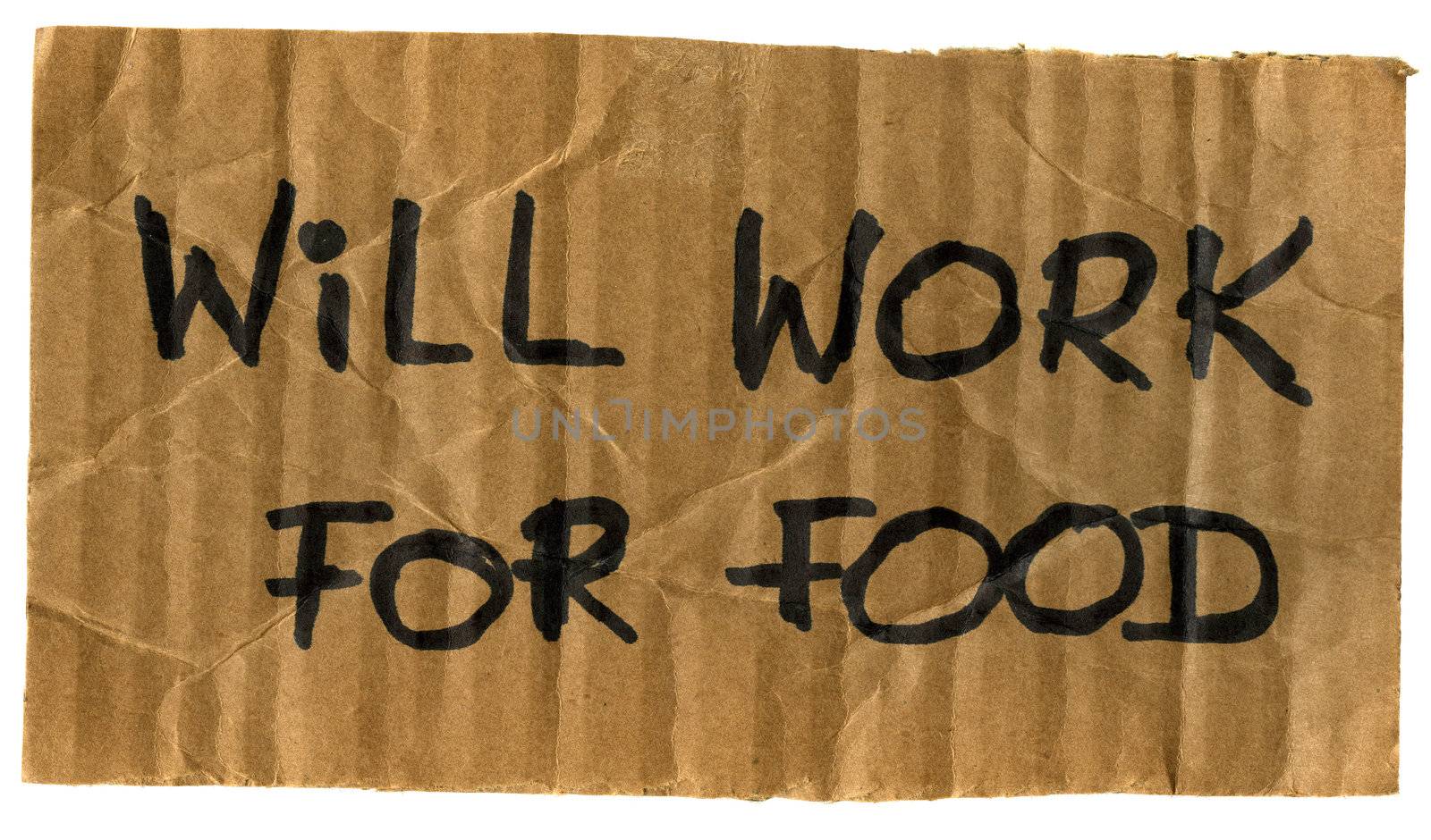 will work for food -  crumpled cardboard sign, isolated on white