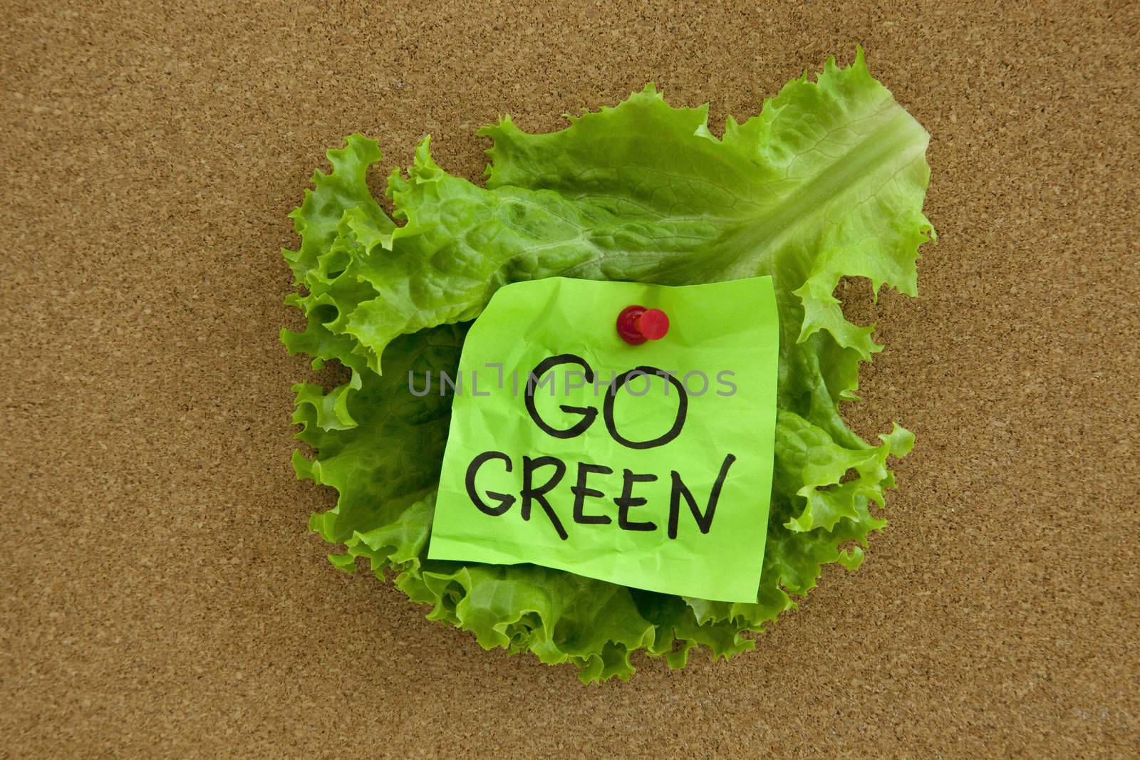 go green concept posted on cork bulletin board with lettuce leaf and reminder note