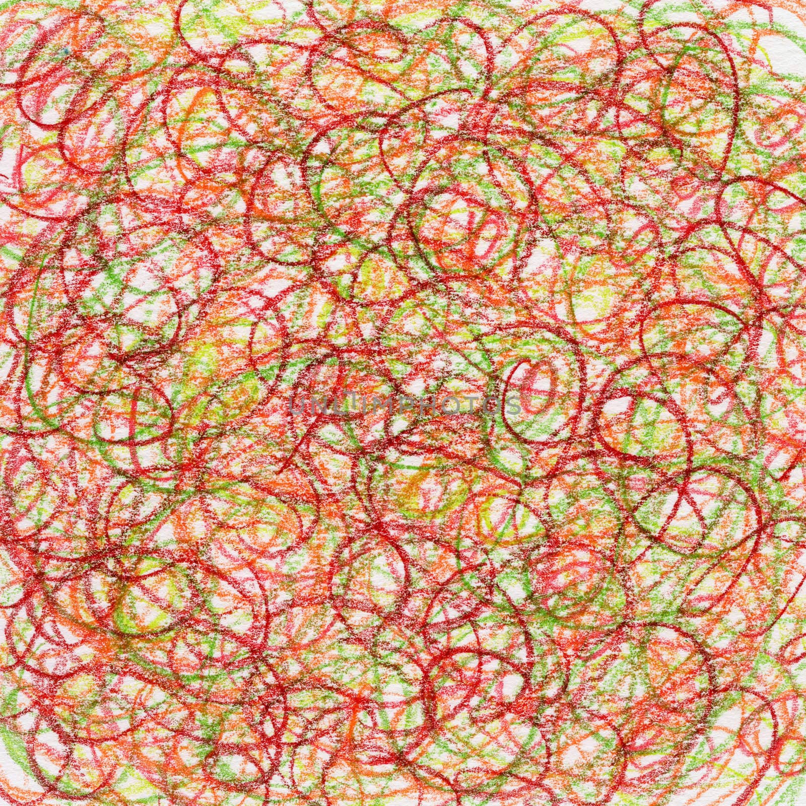 hand-drawn crayon circular scribble background in red, green and orange colors
