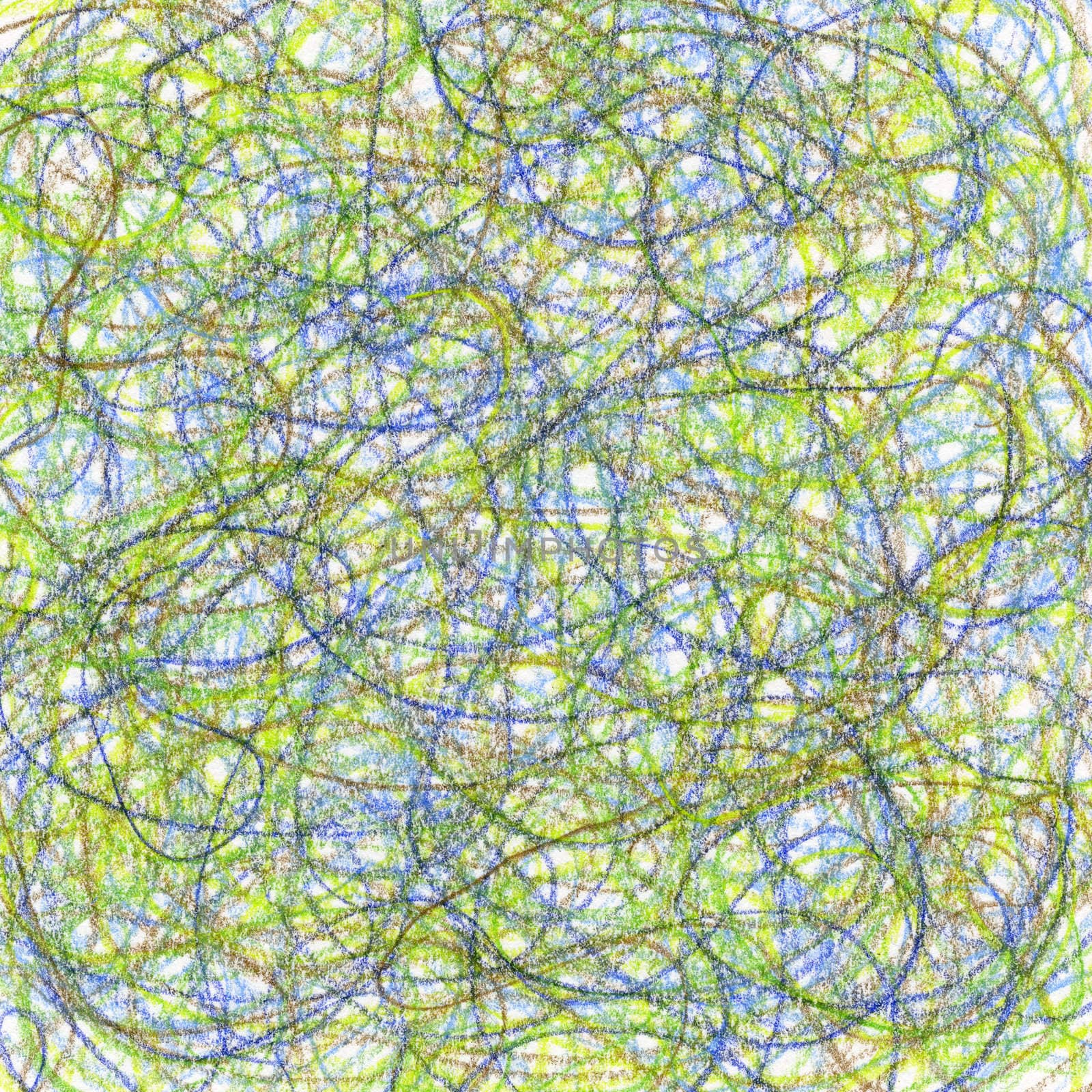 hand-drawn crayon circular scribble background in blue, green and brown colors