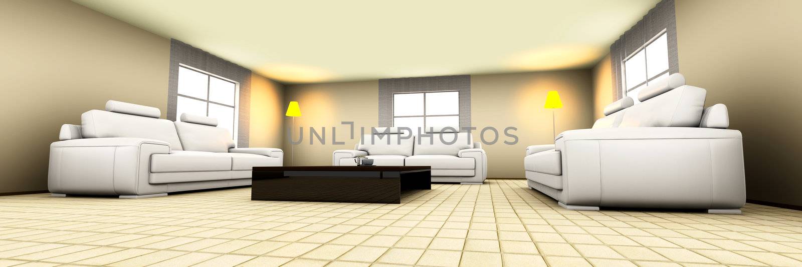 3D rendered Illustration. Interior visualisation of a living room.