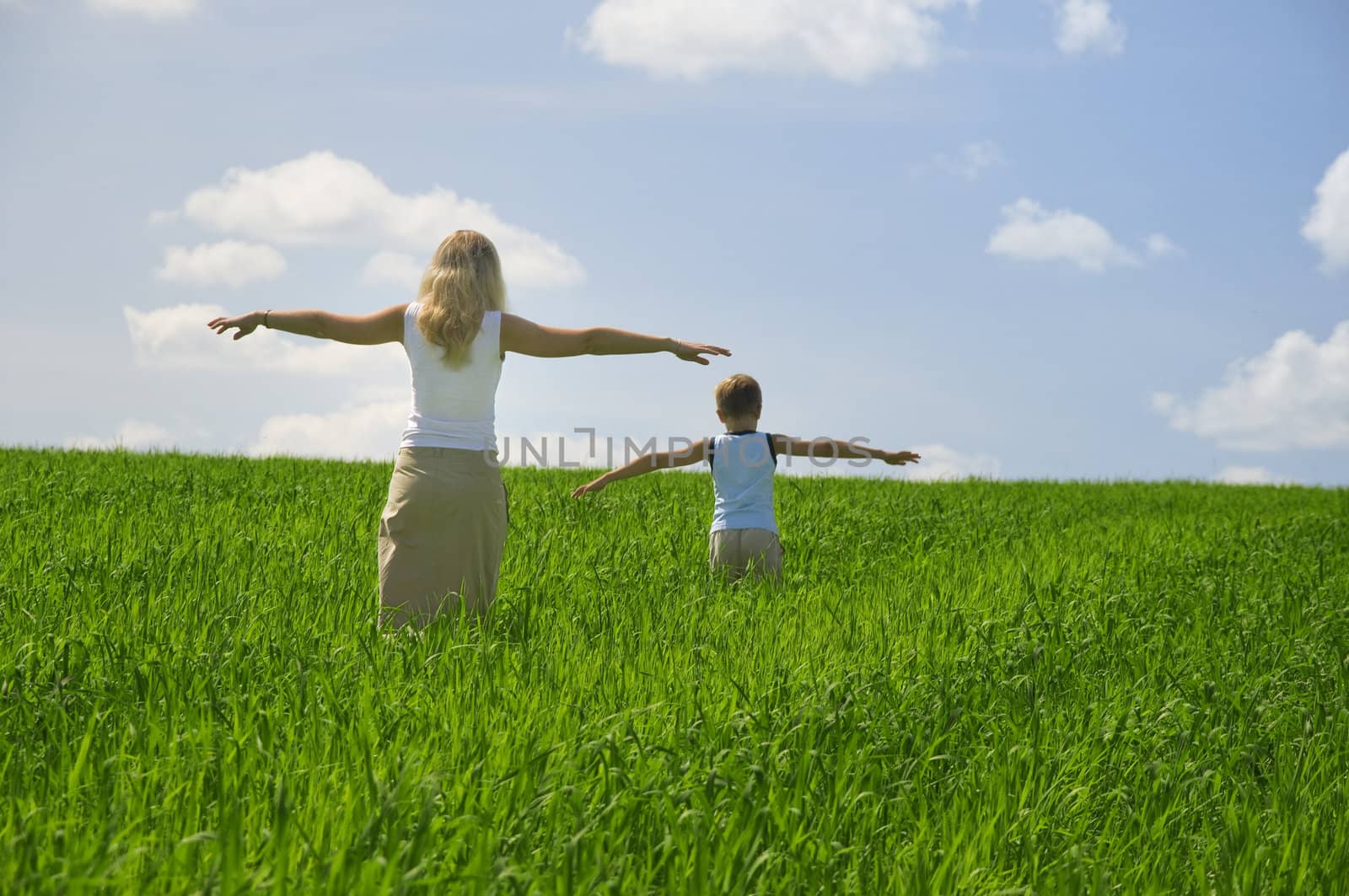 ma and son walk in field. agricultural nature landscape with blu by jordano