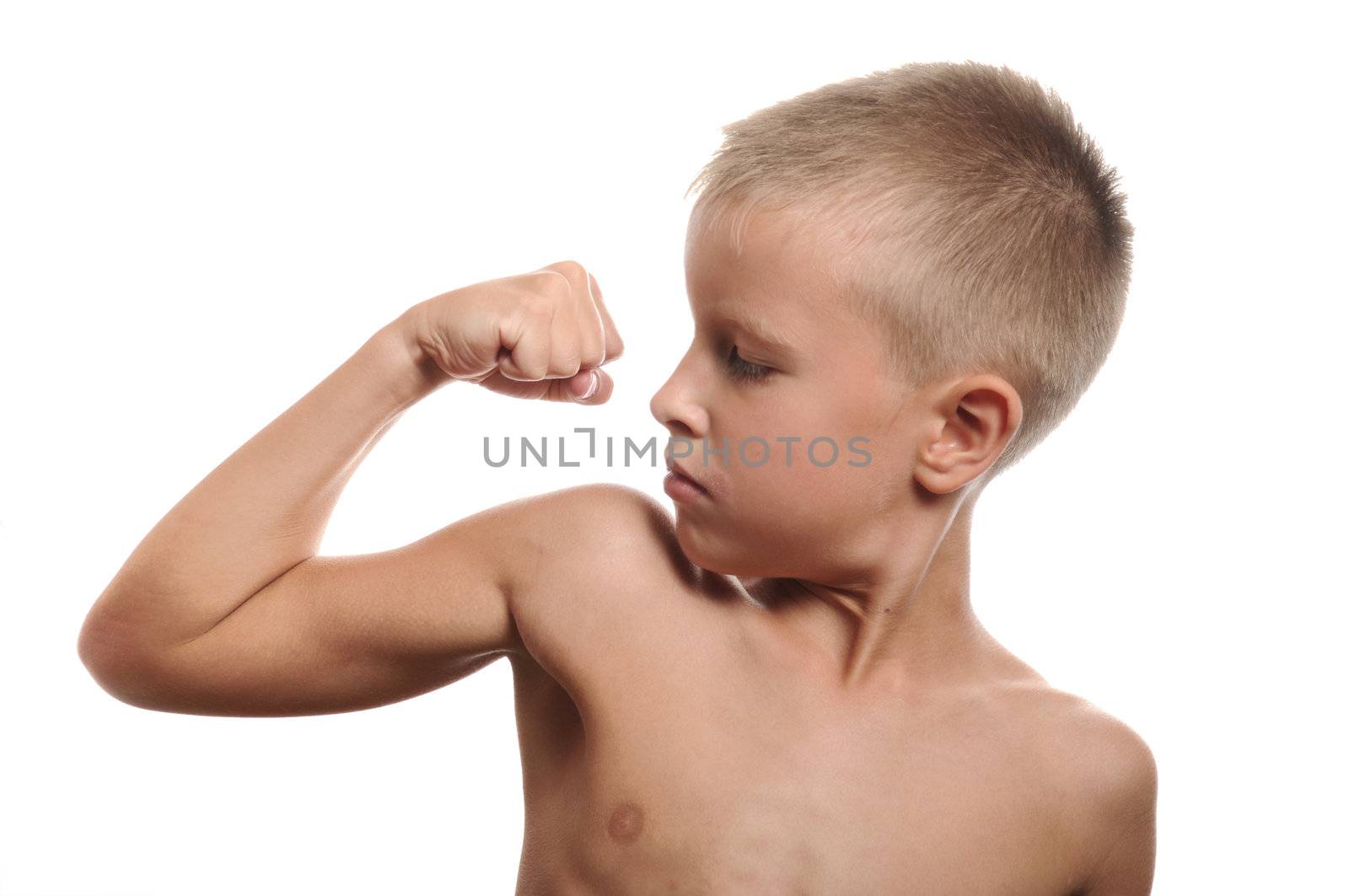 Portrait of handsome muscular young man flexing biceps, isolated