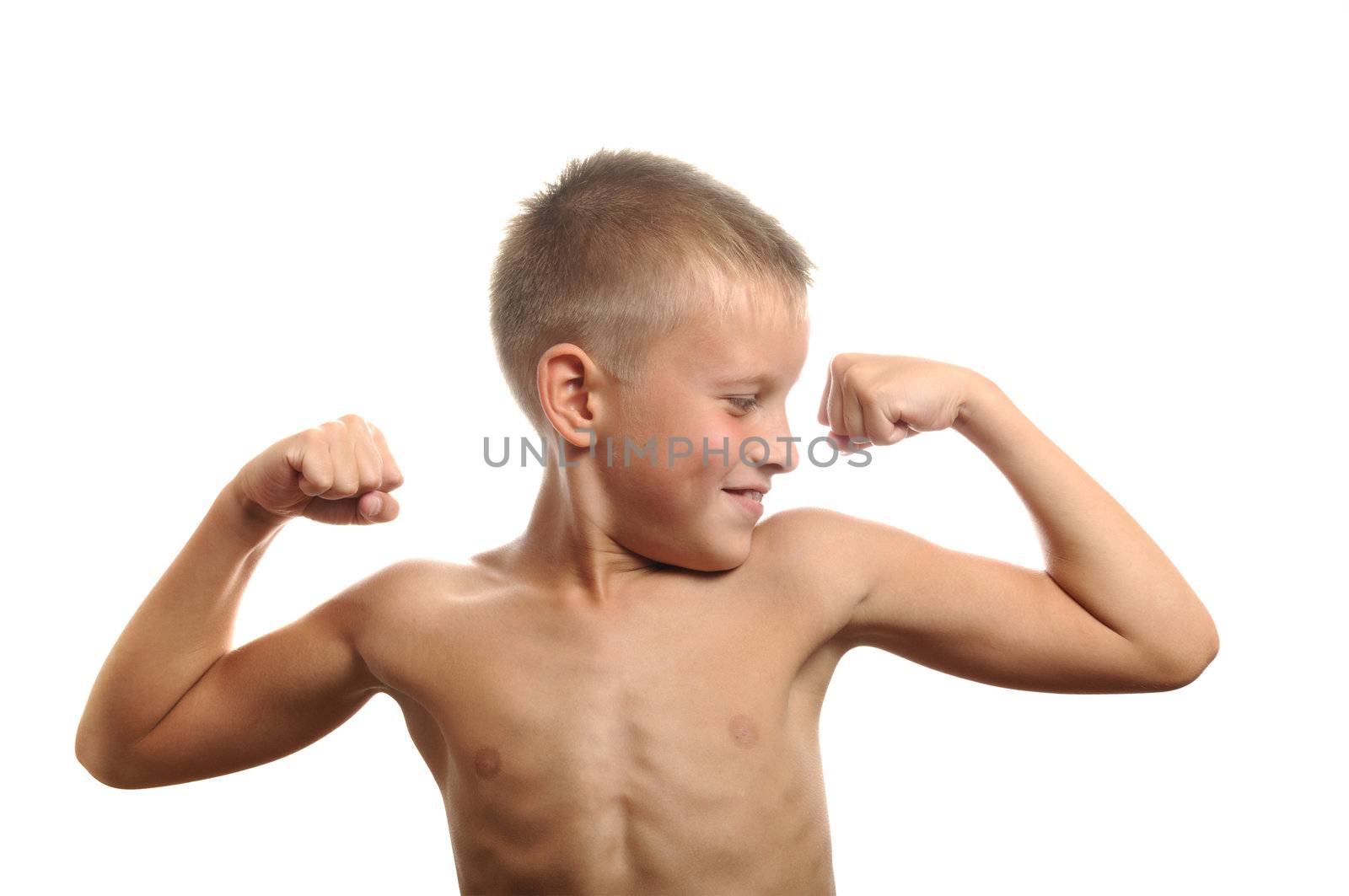 handsome muscular young man flexing biceps, isolated