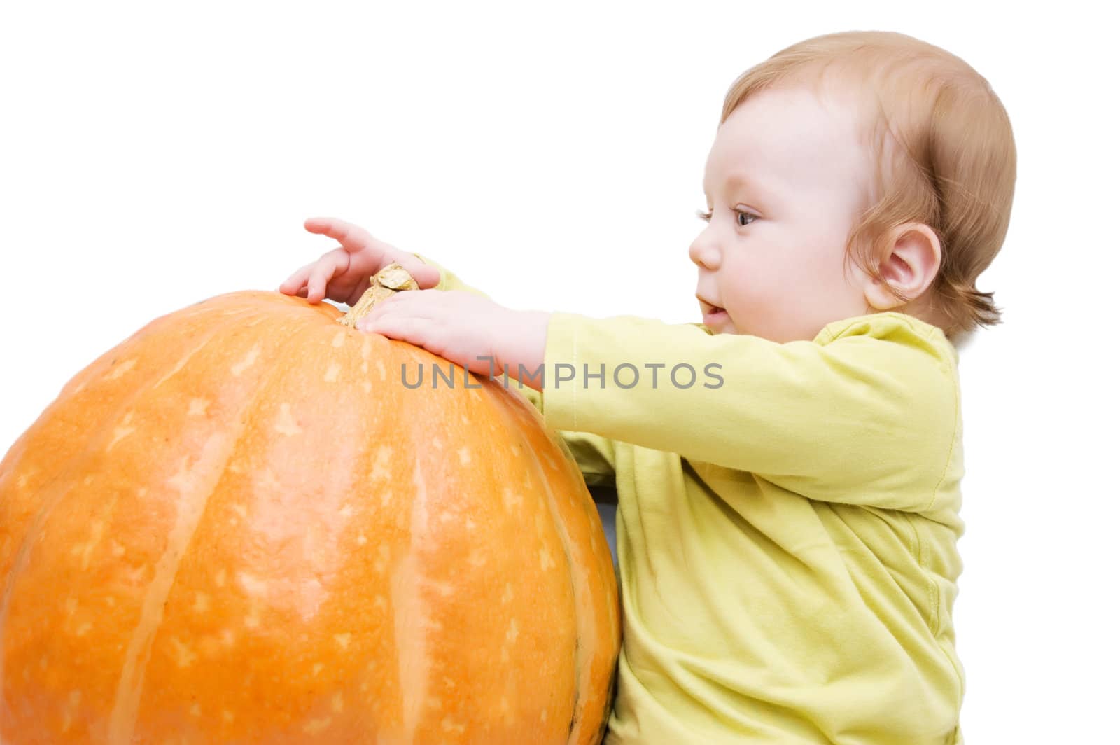 Curious baby boy playing with pumpkin by Angel_a