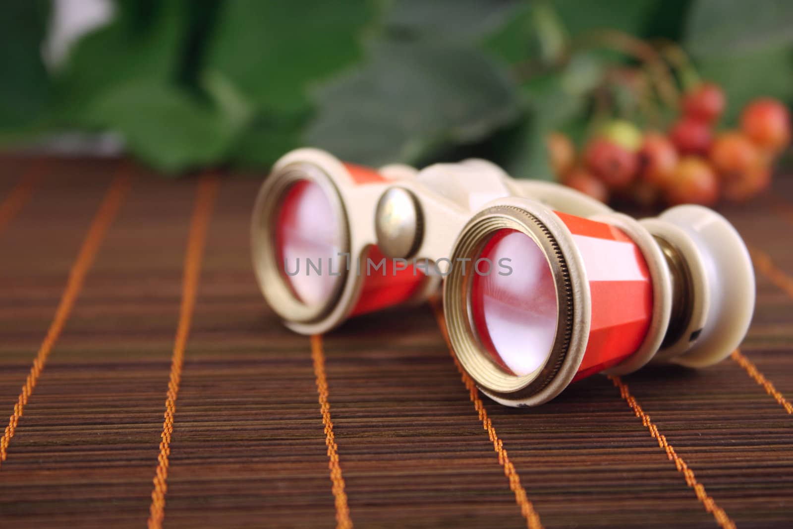 Red opera glasses on a bamboo napkin removed close up