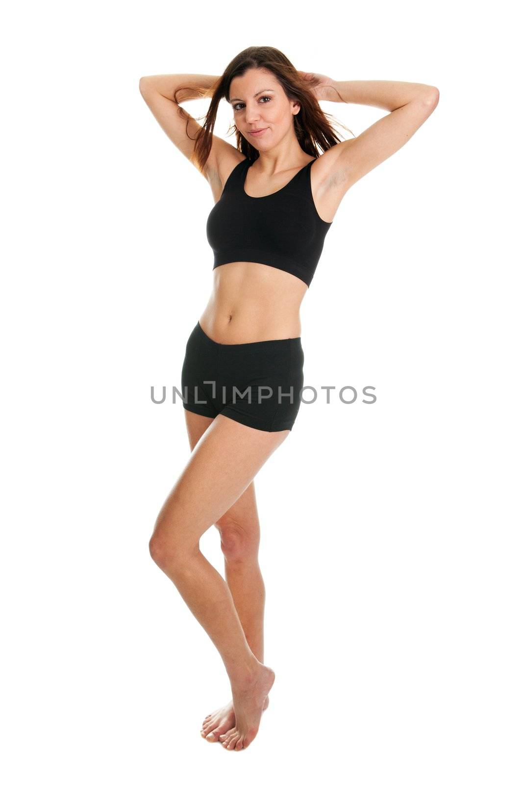 Portrait of smiling fitness women. Isolated on white