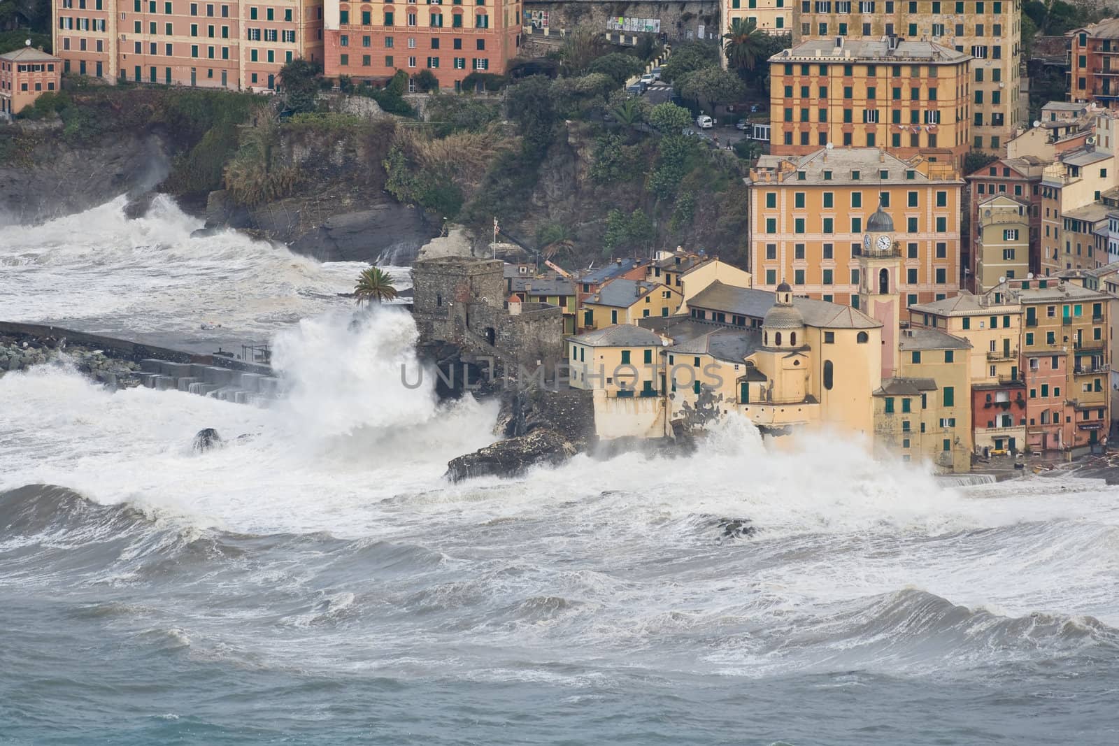 Sea storm in camogli, famous small town near Genova, italy