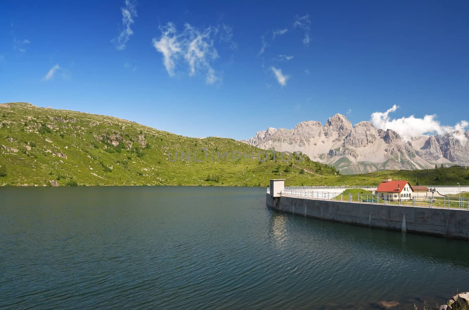 summer view of lake Cavia near San Pellegrino pass, Trentino, Italy 