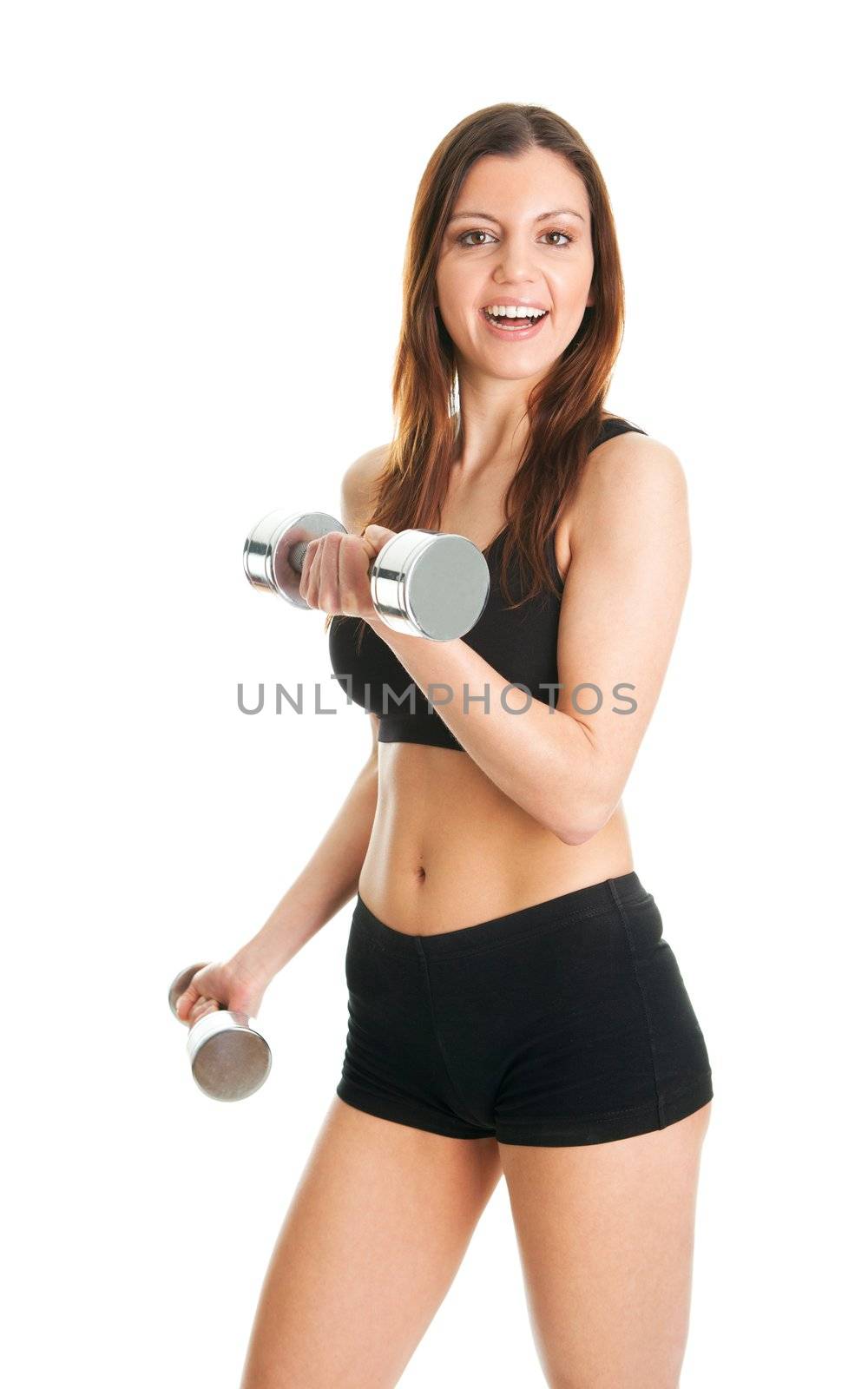 Fitness woman doing weight lifting. Isolated on white