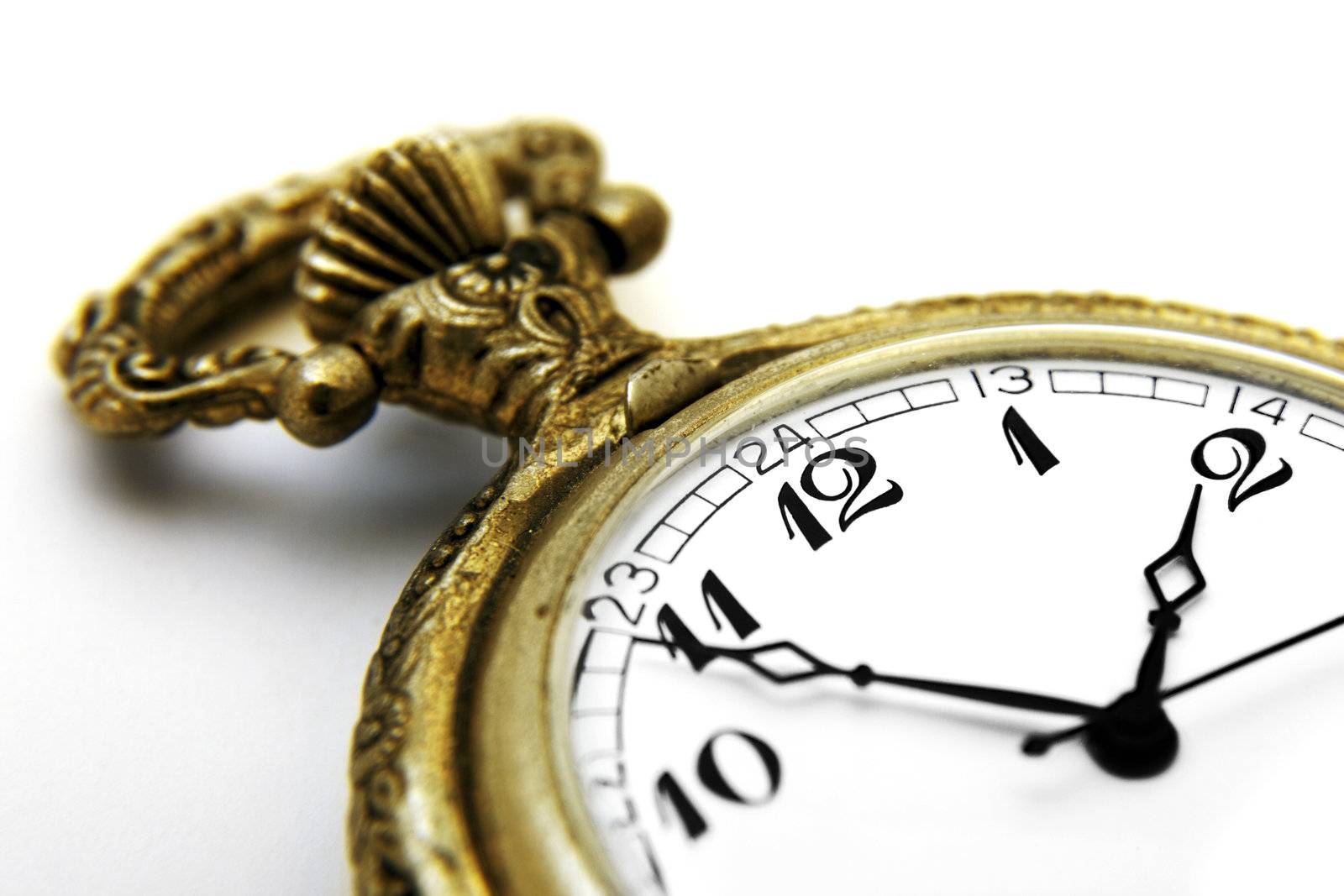 Gold pocket watch against white background
