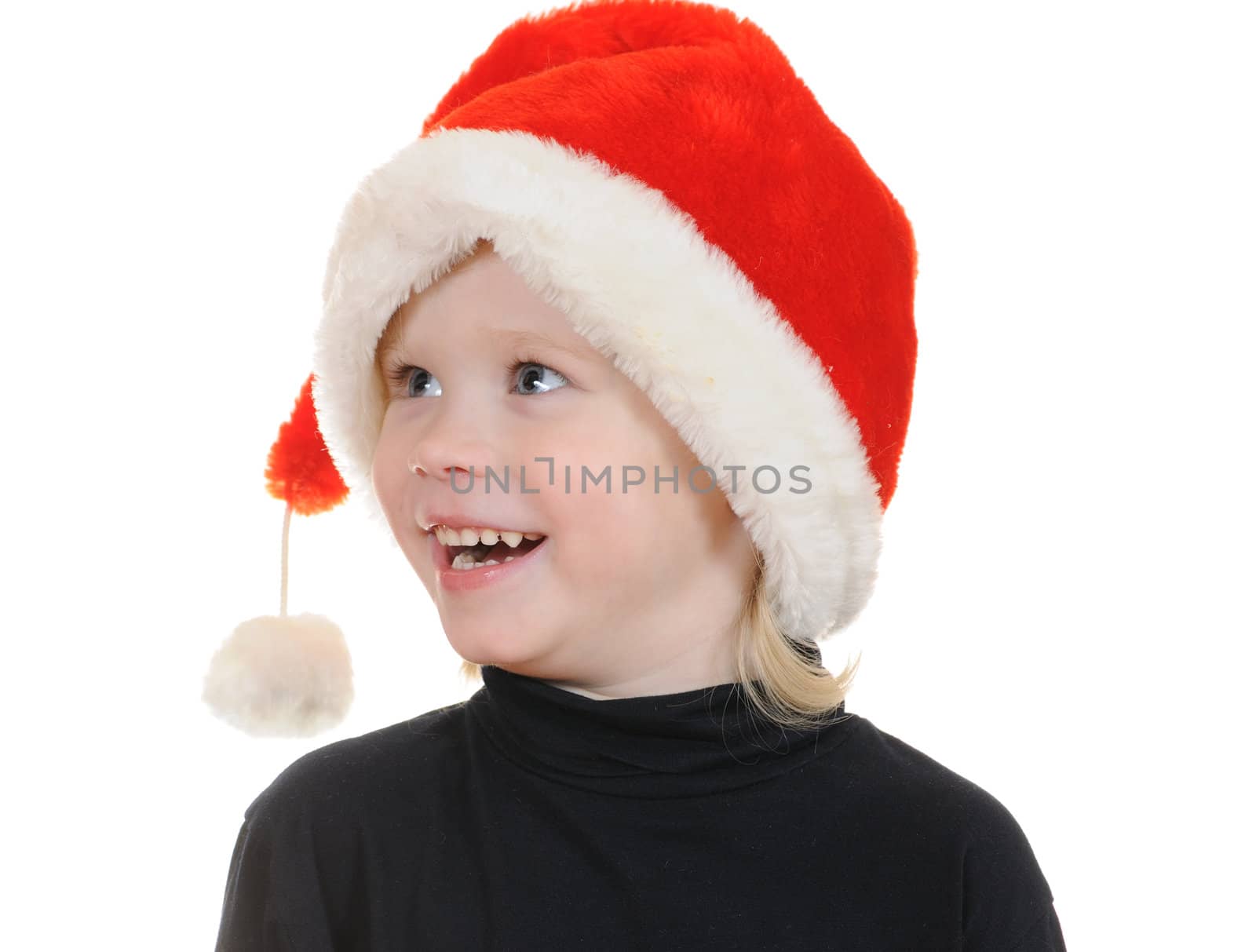 The child in a hat santa claus isolated on white background