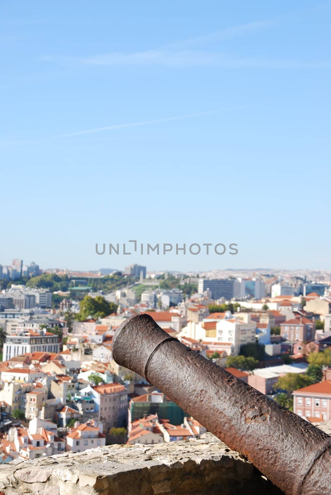 Cityscape of Lisbon in Portugal with cannon weapon by luissantos84