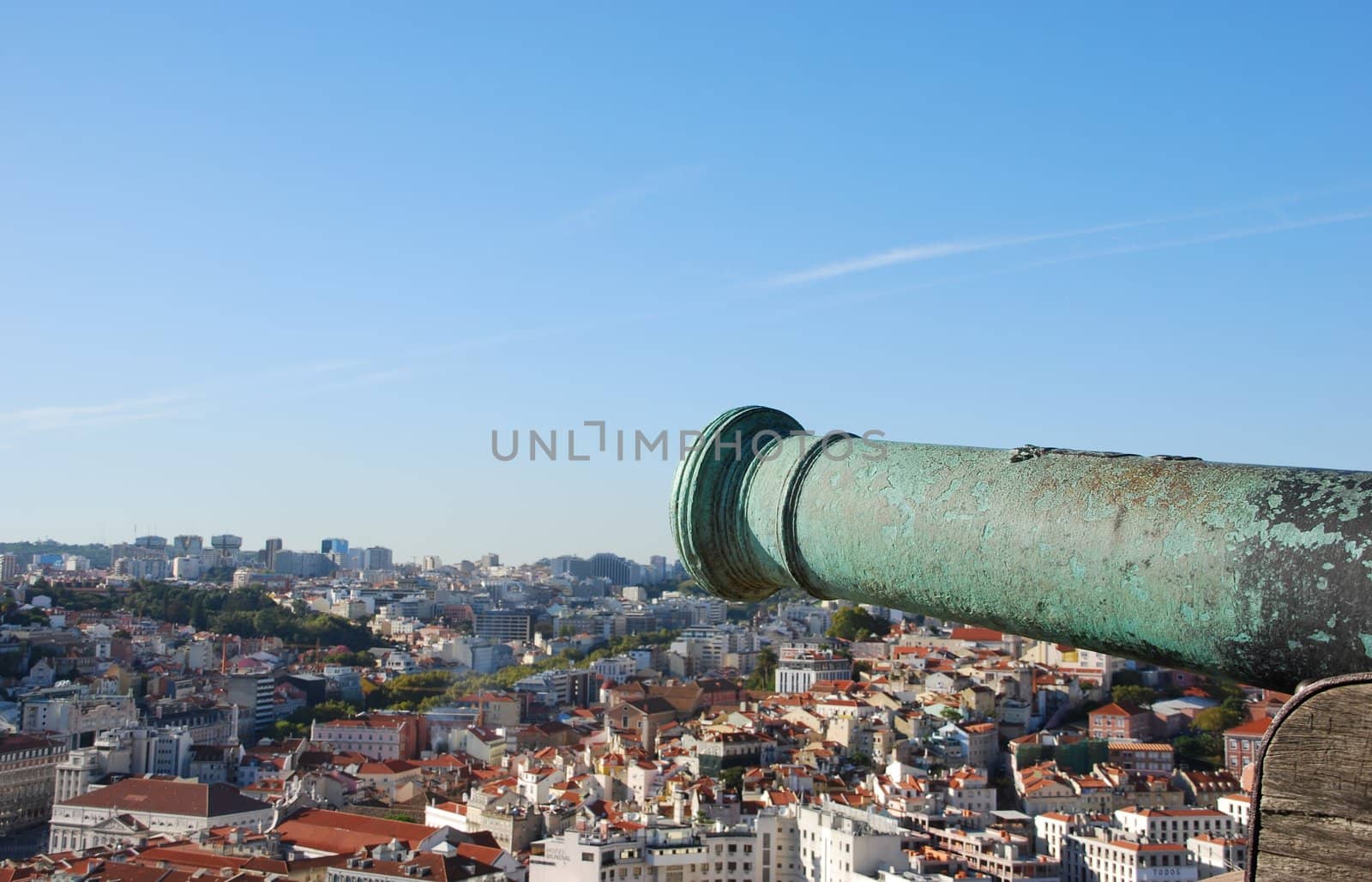 Cityscape of Lisbon in Portugal with cannon weapon by luissantos84