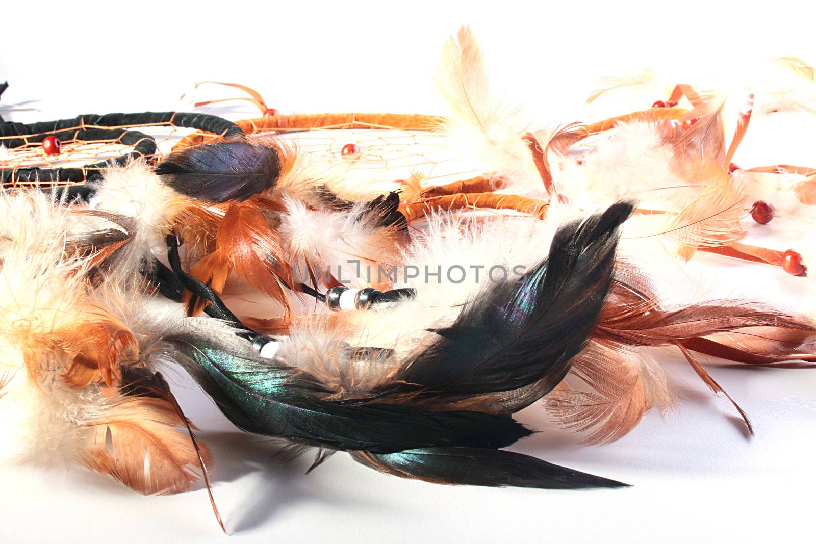 Multi-coloured feathers which are used in manufacturing dream catcher.