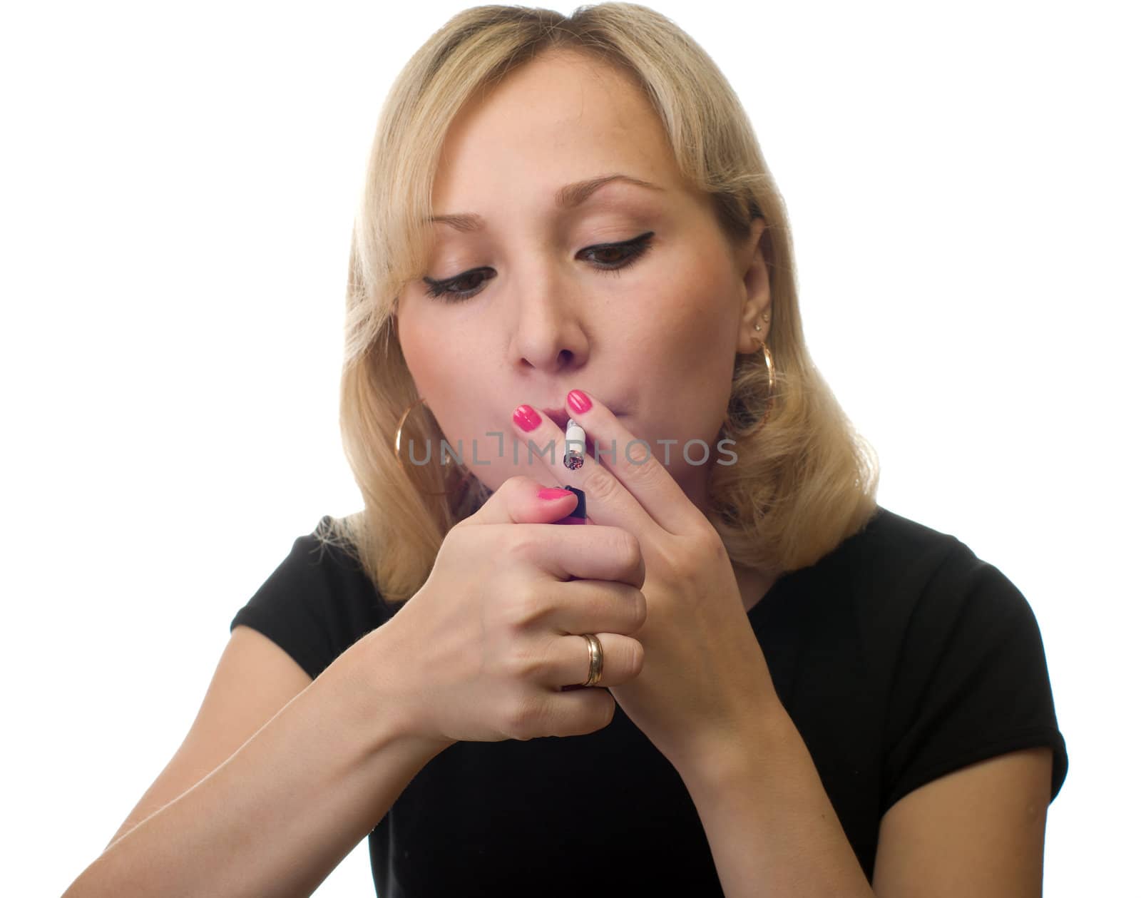 The girl gets a light a cigarette, is isolated on a white background.