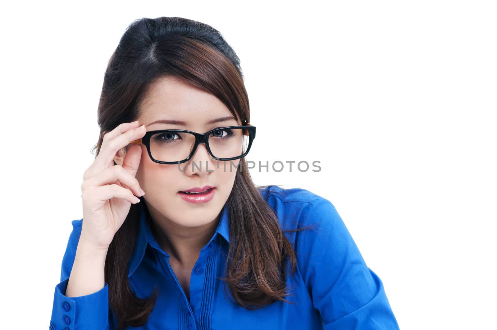 Portrait of a cute young businesswoman with eyeglasses over white background.