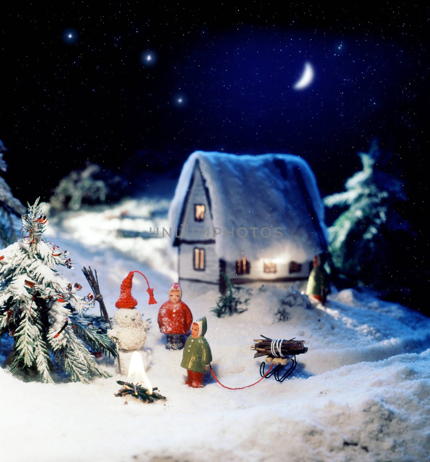 Photo miniature about new year holiday with snowman and childrens
