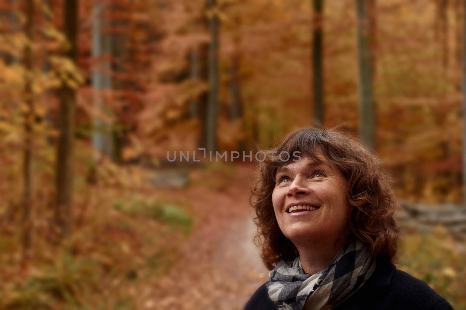 Autumn - Mature woman in forest looking up at copyspace