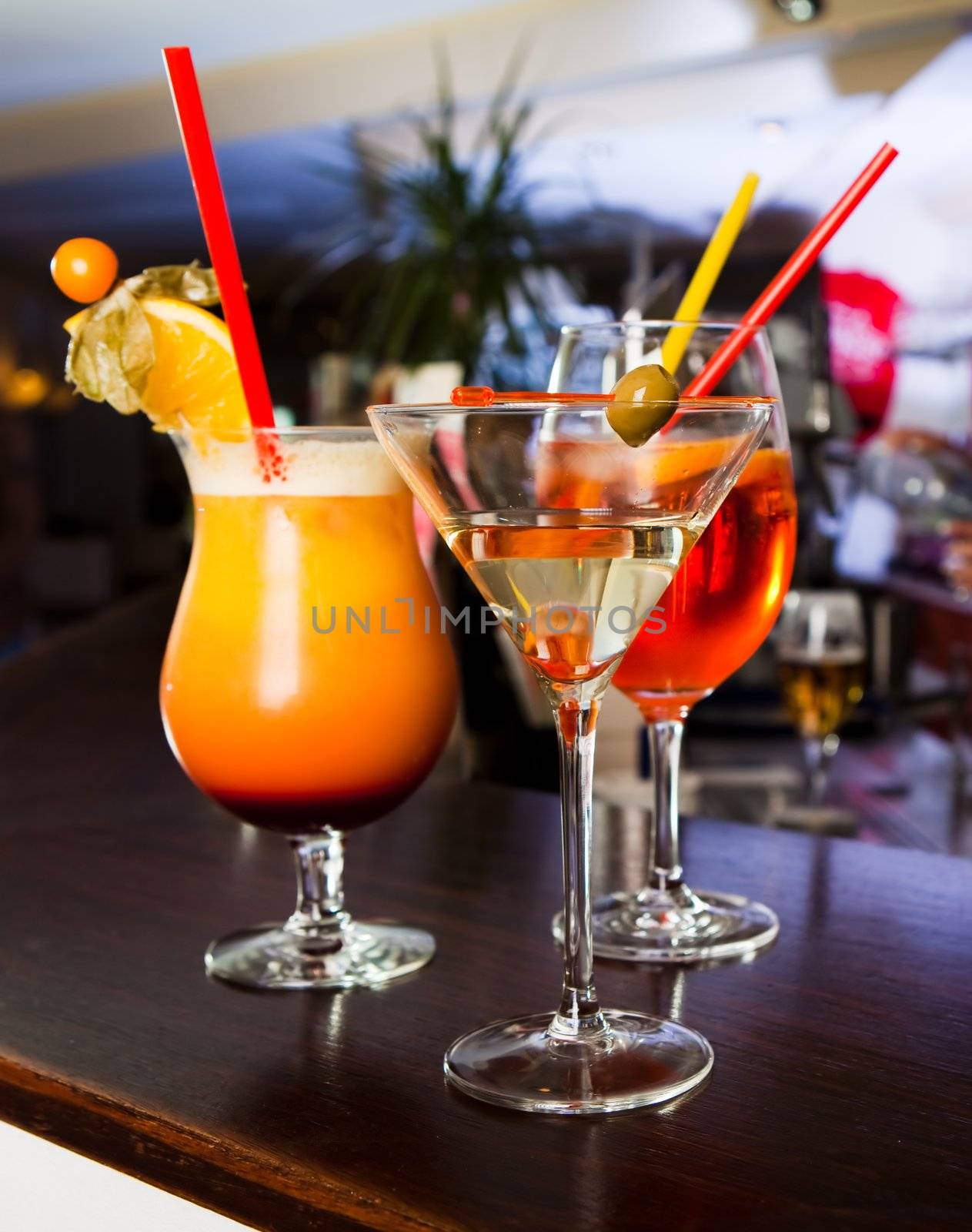 Tequila sunrise, Margarita and Martini standing on the bar counter