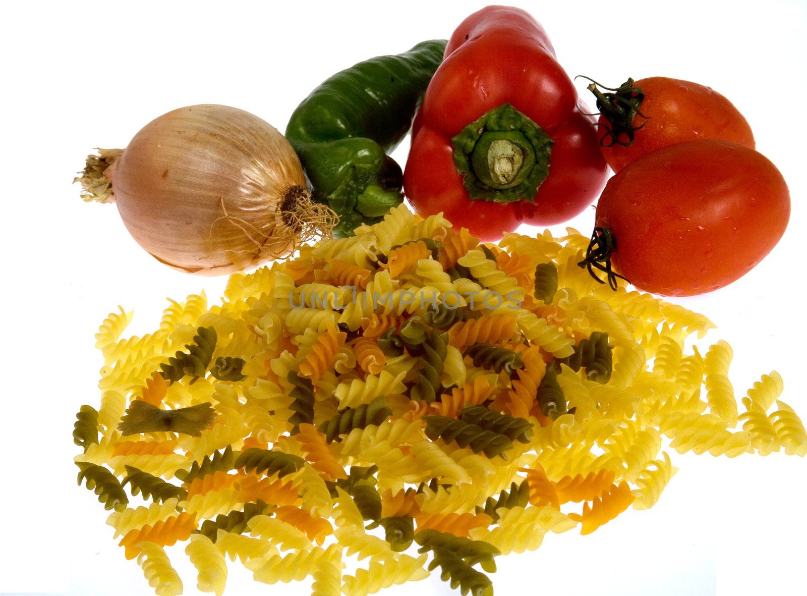 Wallpaper of raw tomatoes, pepper, onion and pasta  over a transparent pasta background.