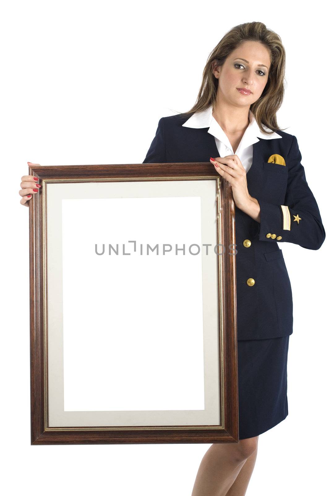 A young brazilian model in a studio shot, wearing a seaman's (or seawoman's) uniform, isolated on white and holding a picture frame..