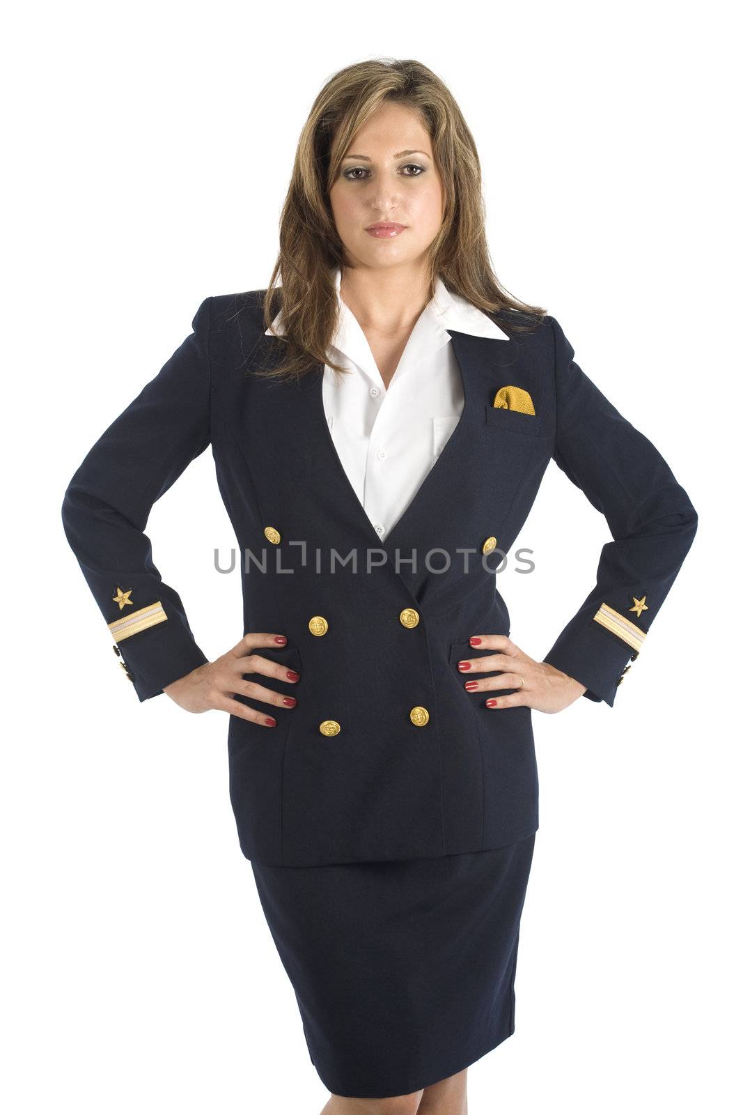 A young brazilian model in a studio shot, wearing a seaman's (or seawoman's) uniform, isolated on white.
